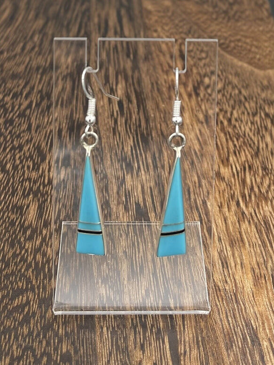 Native American Sterling Silver Navajo Handmade Turquoise Inlay Dangle Earring