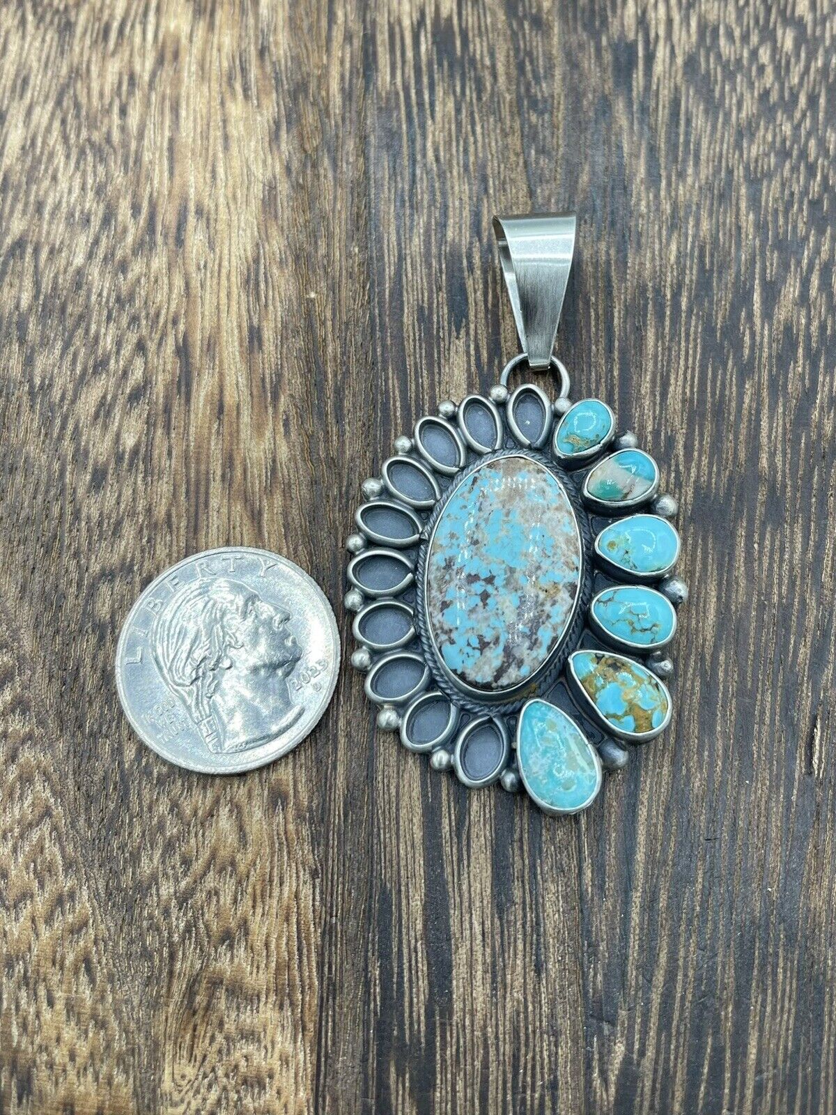 Native American Navajo  Silver Handmade Turquoise Cluster Pendant - Betta Lee