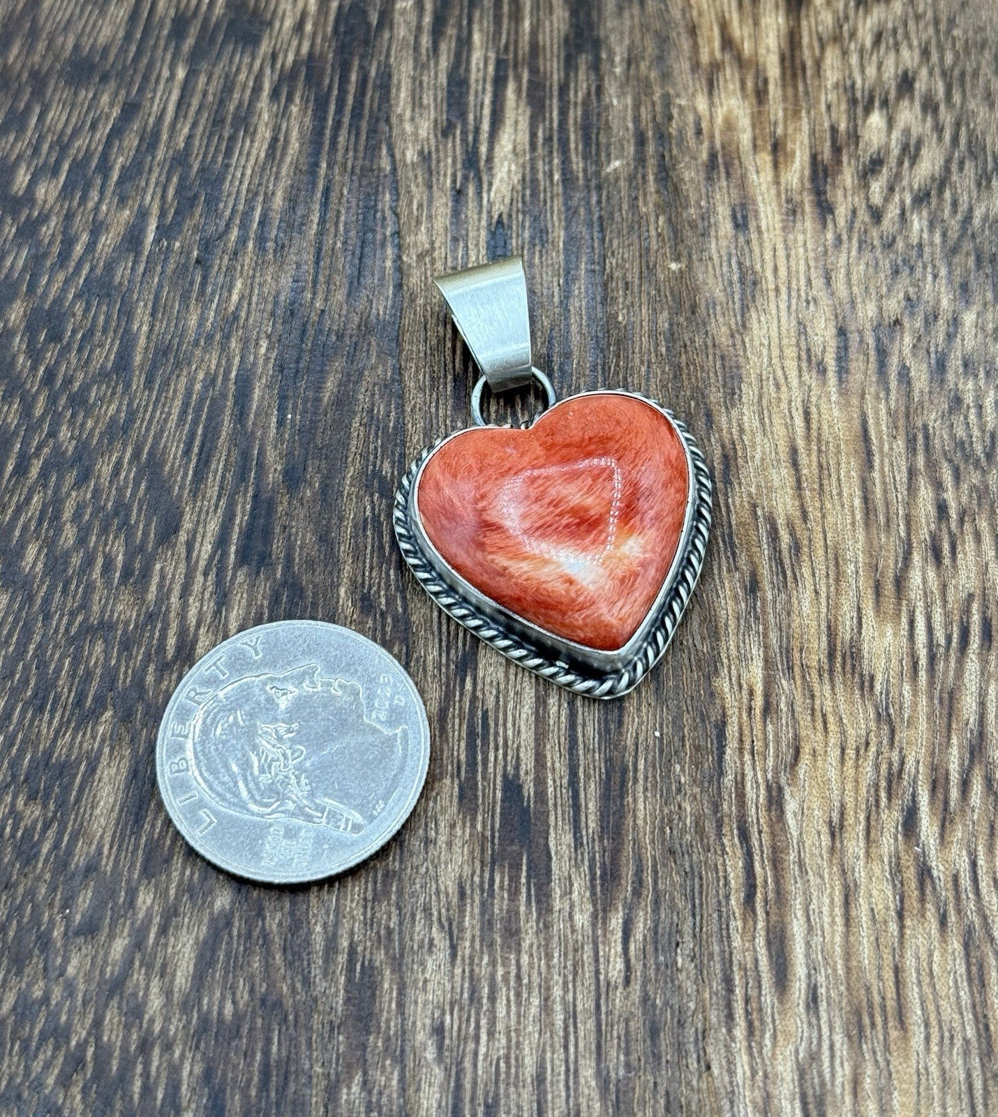 Navajo Handmade Sterling Silver Red Spiny Oyster Shell Heart Shaped Pendant