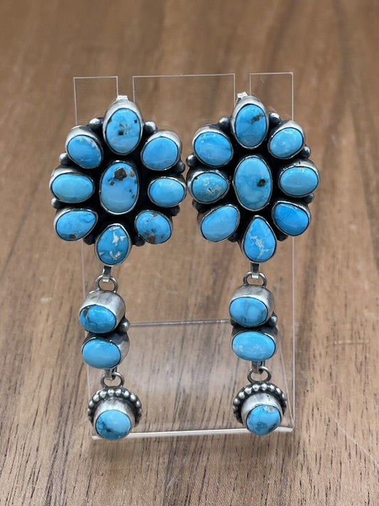 Native American Navajo Handmade Silver Kingman Turquoise Dangle Cluster Earrings