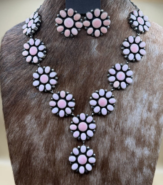 Navajo Handmade Sterling Silver Pink Conch Cluster Lariat Dangle Necklace 24”