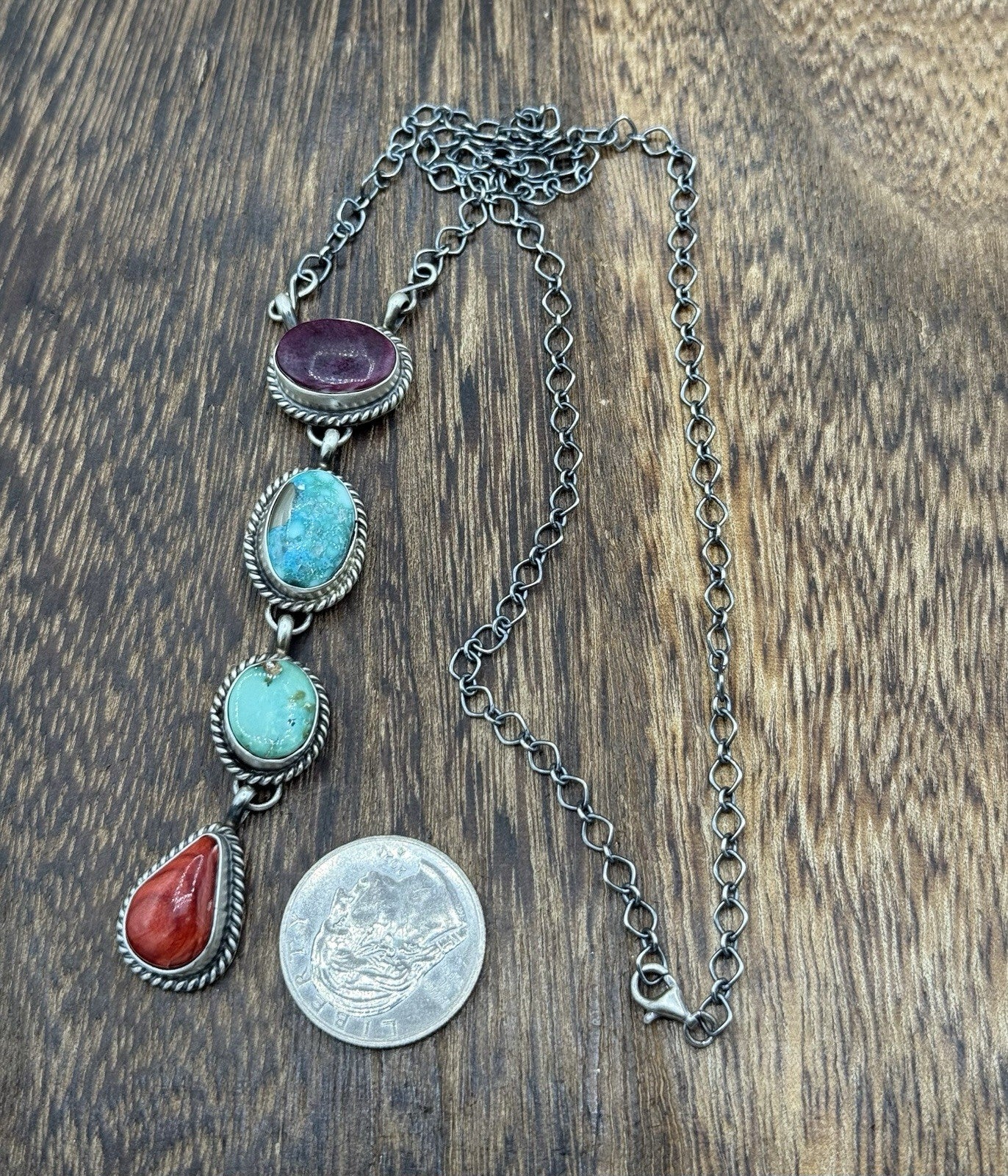 Navajo Handmade Sterling Silver Multi Color Mixed Stone Lariat Necklace 18”