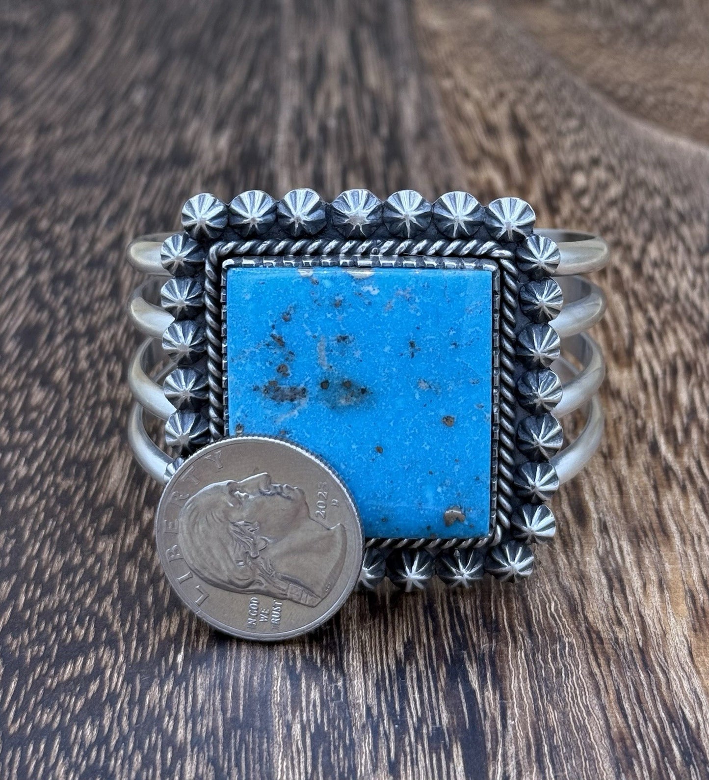 Native Navajo Handmade Sterling Silver Morenci Turquoise Old Look Cuff Bracelet