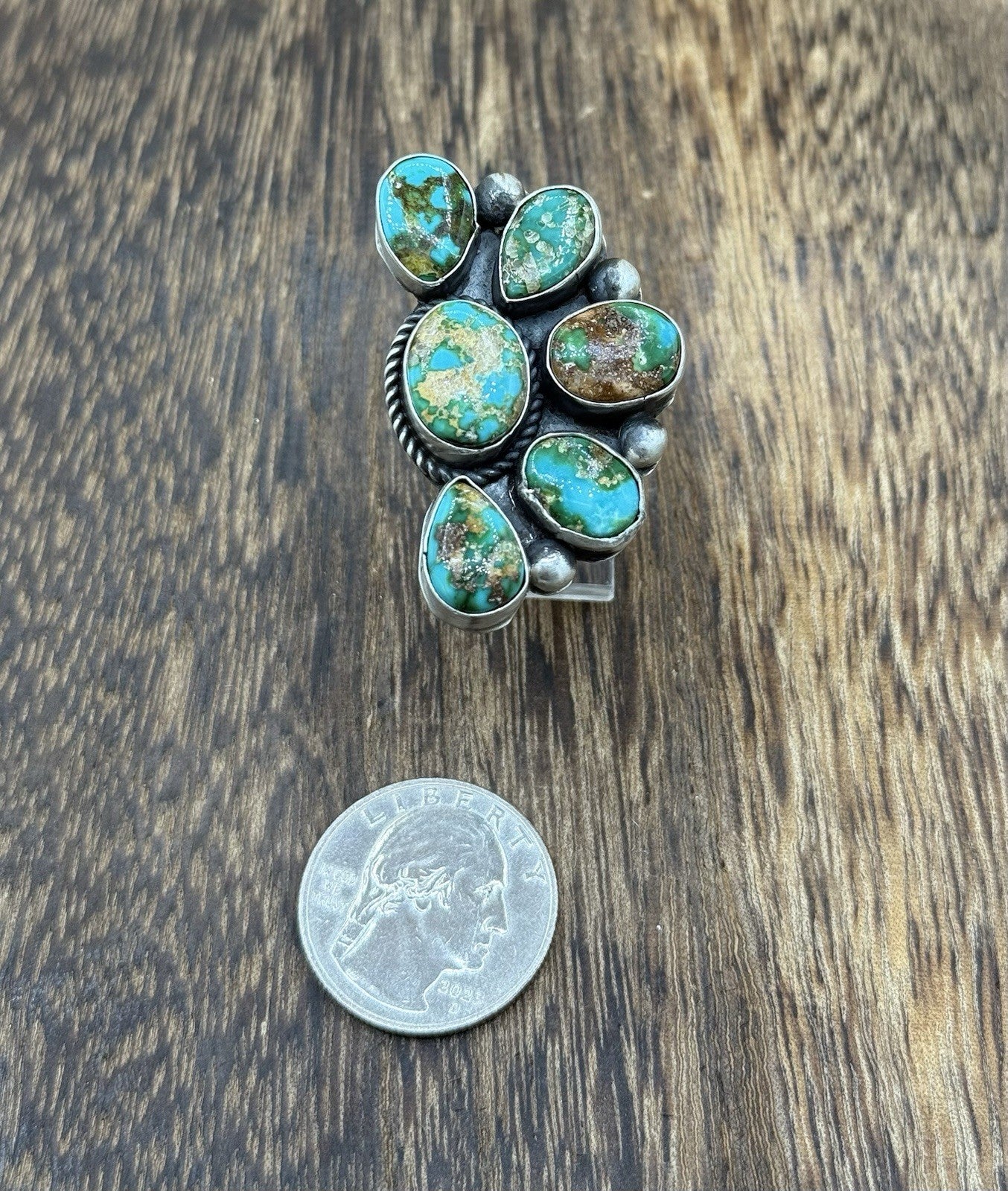 Navajo Handmade Sterling Silver Sonoran Gold Turquoise Half Cluster Ring Size 8