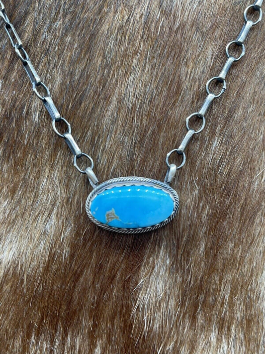 Native American Navajo Handmade Sterling Silver Turquoise Bar Necklace 18”