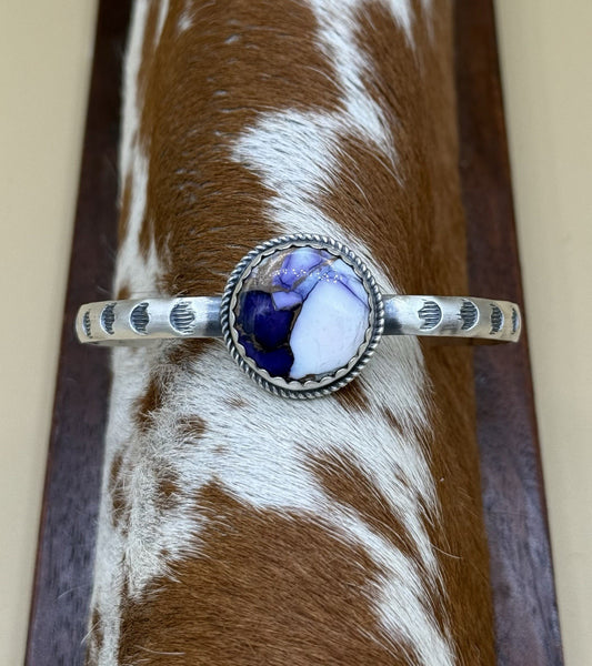 Navajo Handmade Sterling Silver Violet Rose Dahlia Stamped Stacker Cuff Bracelet