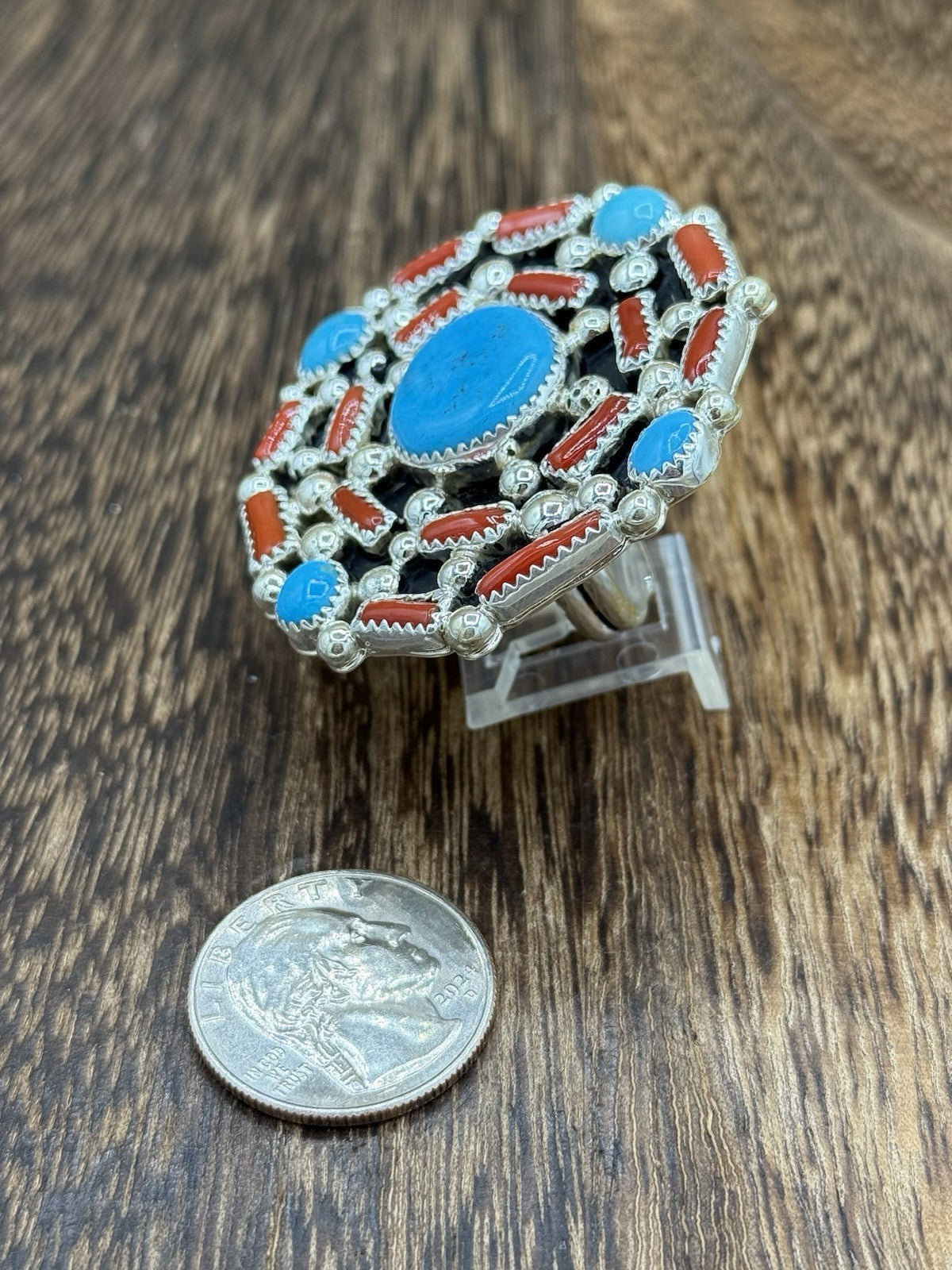 Navajo Handmade Sterling Silver Sleeping Beauty Turquoise & Coral Adjustable 6-9