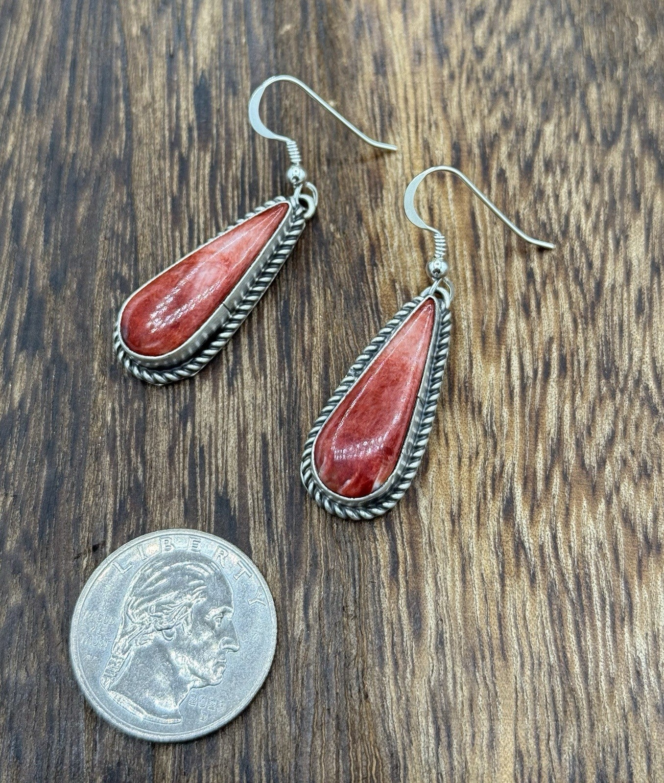 Native Navajo Handmade Sterling Silver Red Spiny Oyster Shell Dangle Earrings