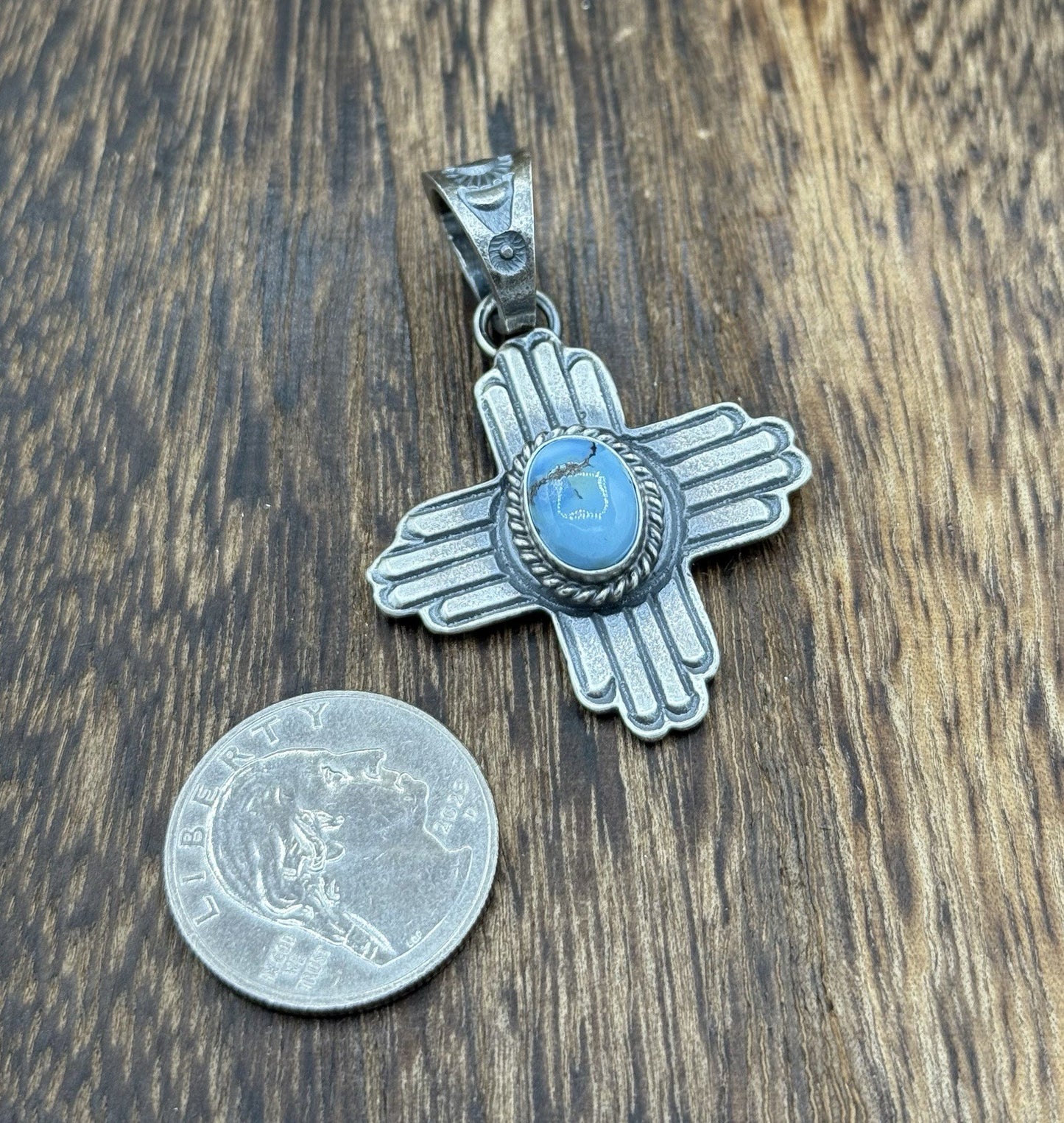 Navajo Handmade Sterling Silver Old Look Golden Hills Turquoise Zia Pendant