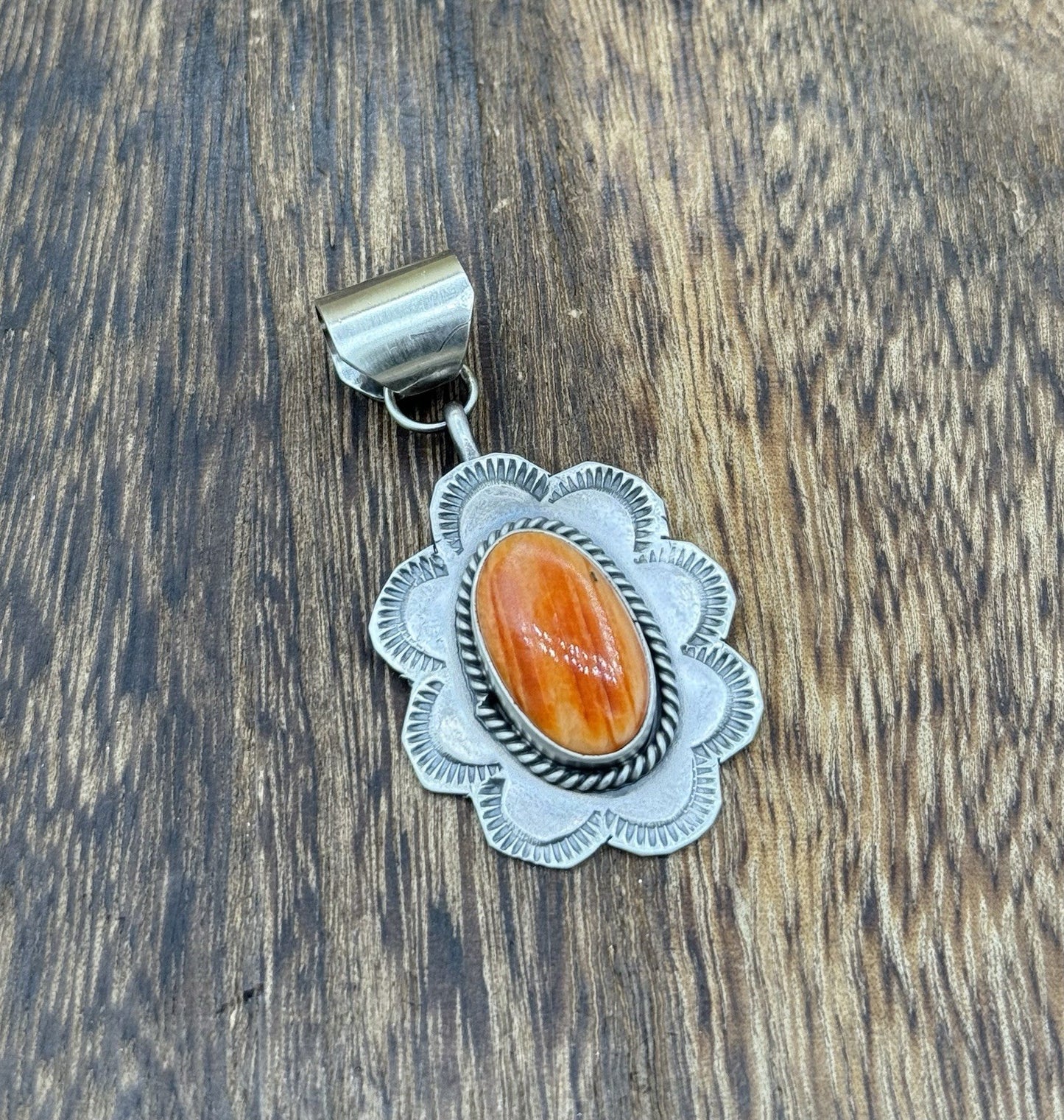 Navajo Handmade Sterling Silver Orange Spiny Oyster Shell Stamped Drop Pendant