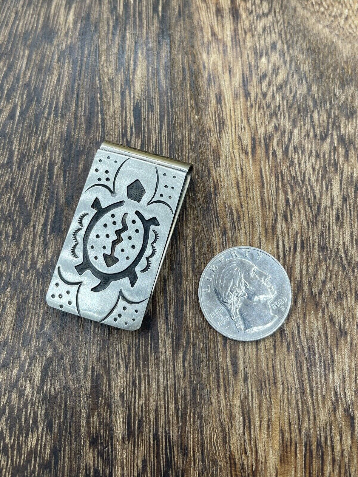 Native American Navajo Handmade Sterling Silver  & Nickel Turtle Money Clip