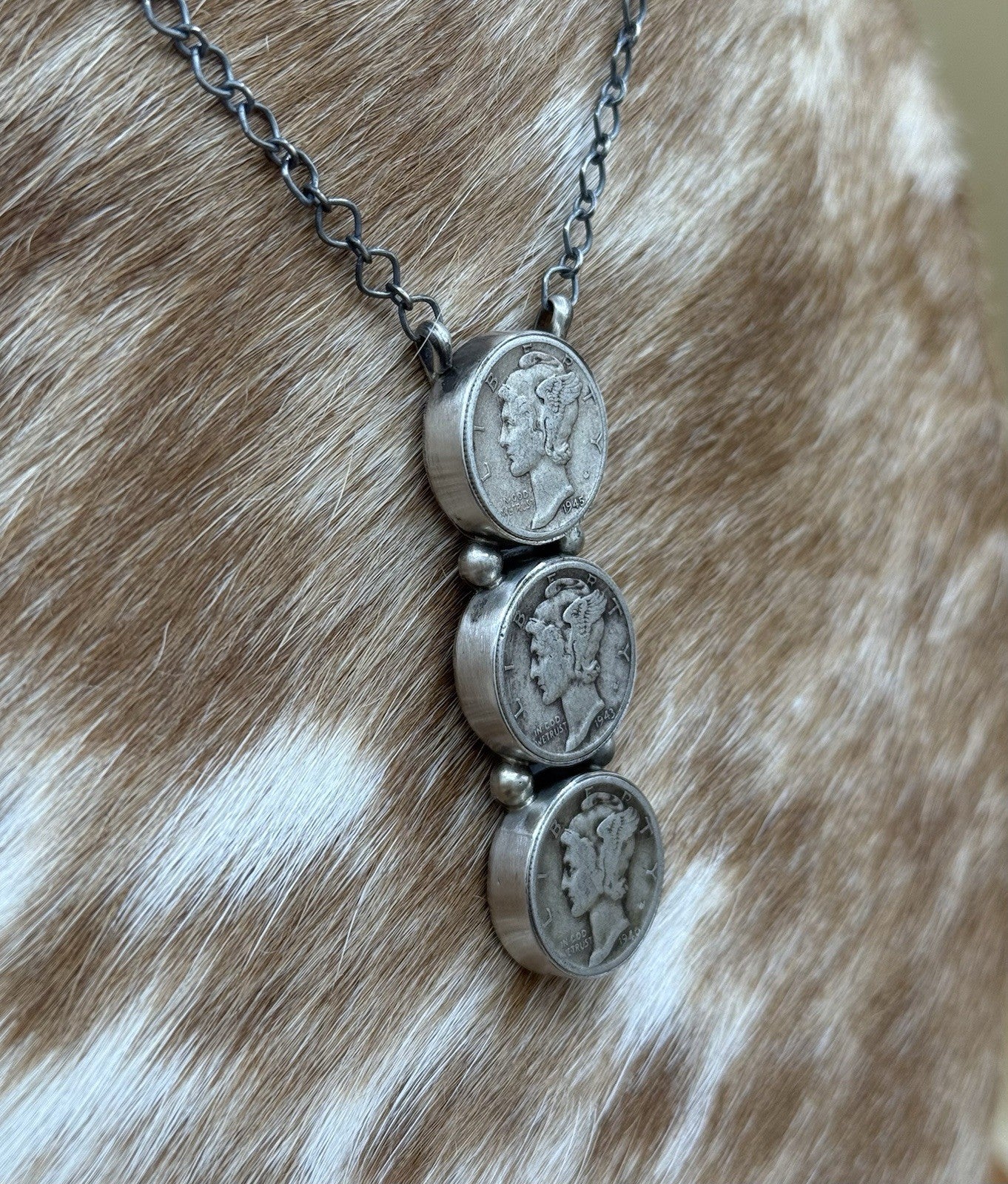 Navajo Handmade Sterling Silver Liberty Dime Cluster Bar Lariat Necklace 18”