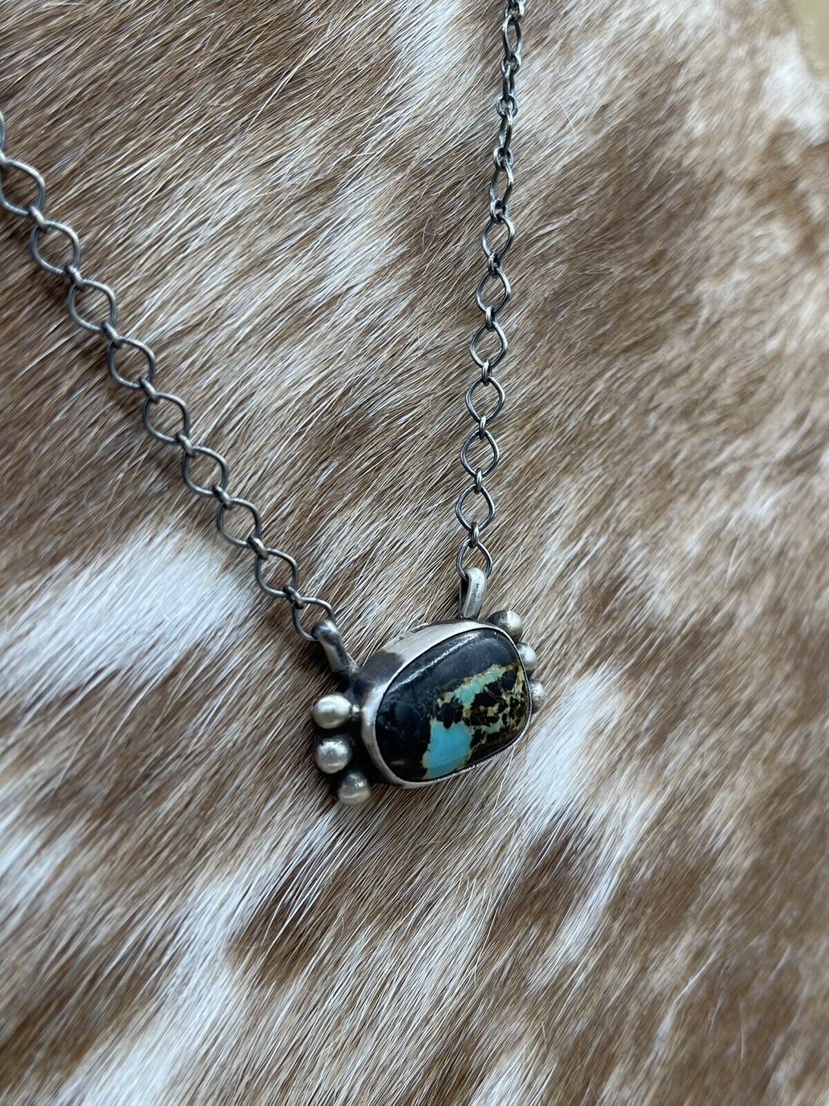 Native American Navajo Handmade Silver Blackjack Turquoise Bar Necklace 18”