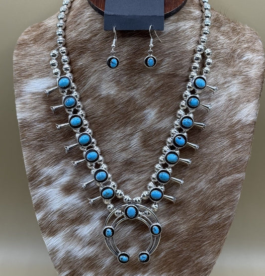 Native American Navajo Handmade Silver Kingman Turquoise Squash Blossom Set 18”