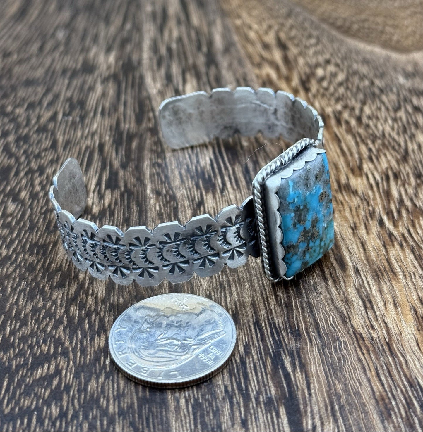 Navajo Handmade Sterling Silver Morenci Turquoise Stacker Cuff Bracelet