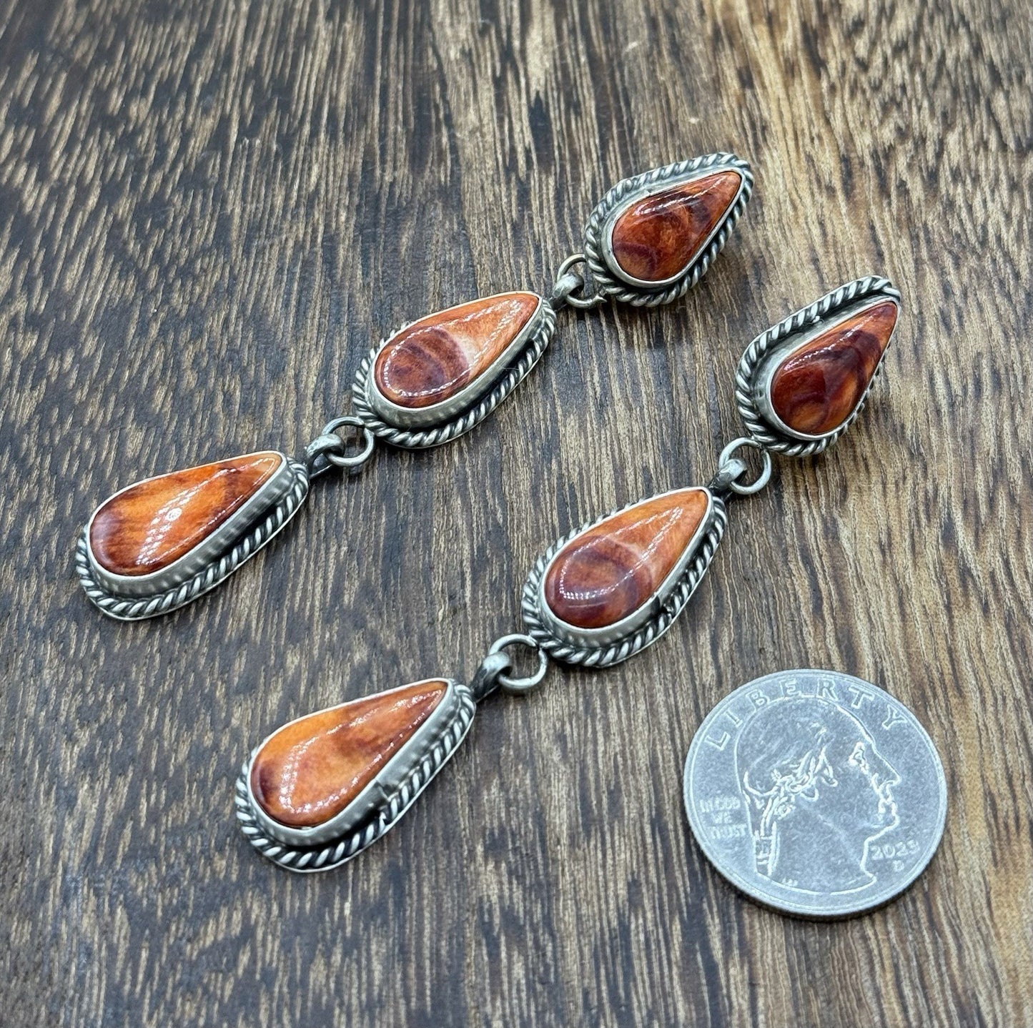 Native Navajo Handmade Sterling Silver Orange Spiny Oyster Post Dangle Earrings