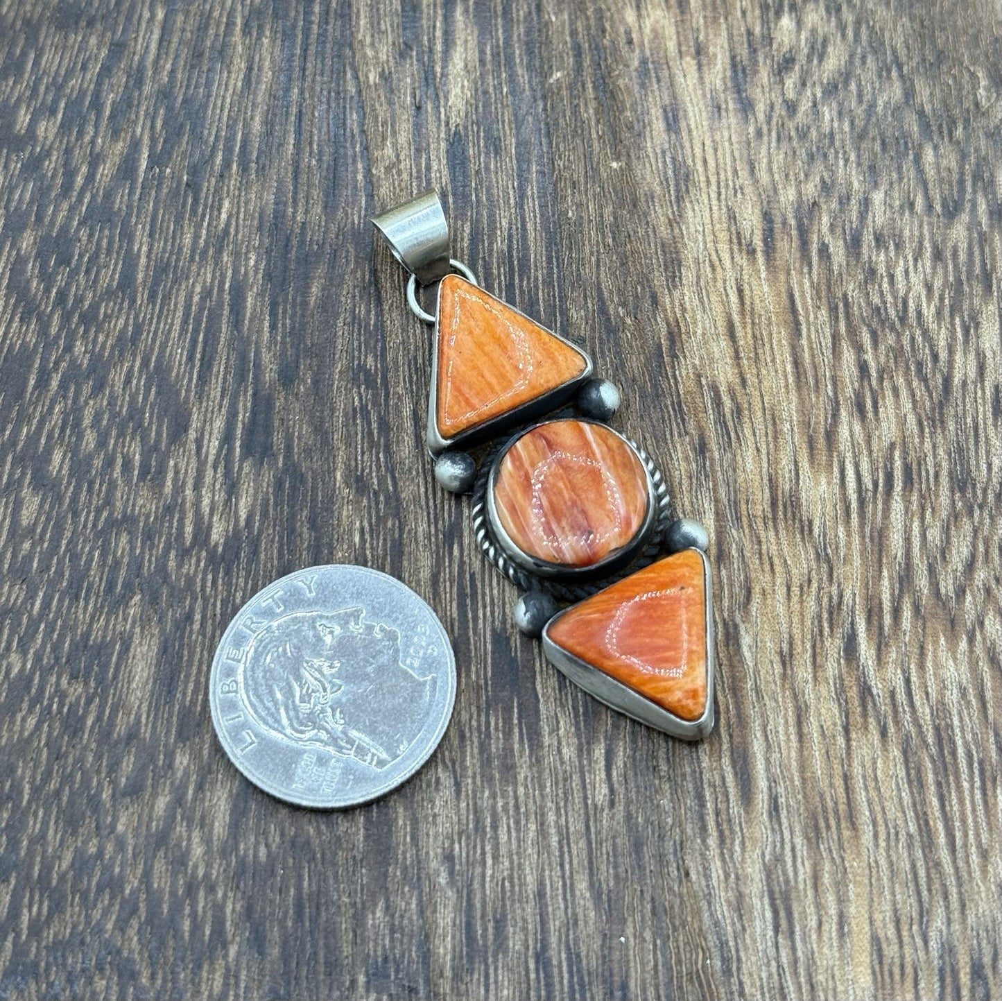 Navajo Handmade Sterling Silver Orange Spiny Oyster Shell Cluster Drop Pendant
