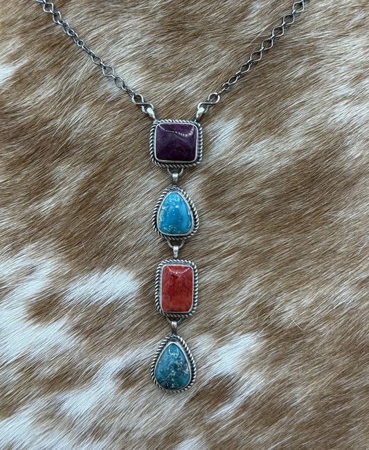Navajo Handmade Sterling Silver Multi Color Mixed Stone Lariat Necklace 18”