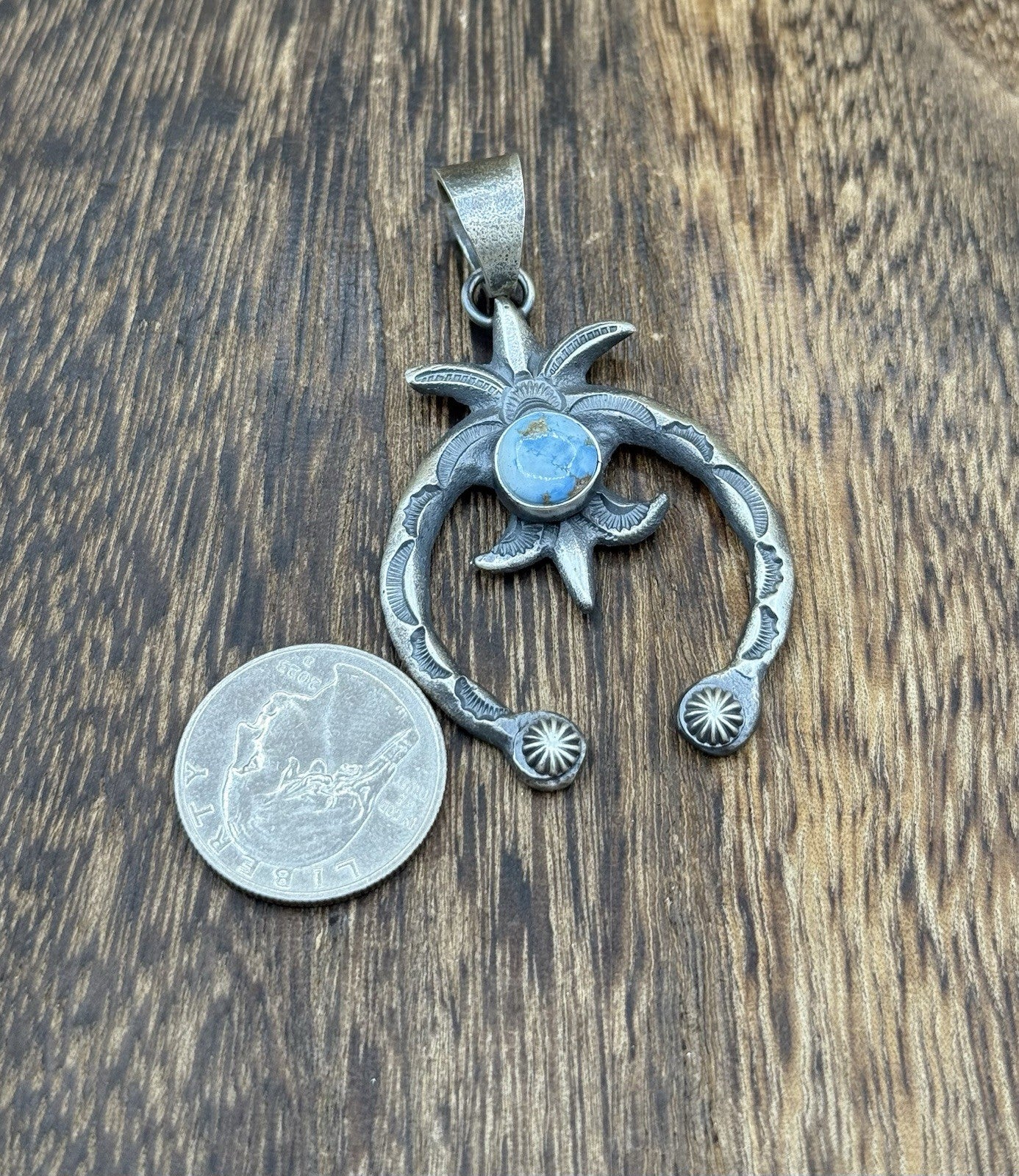 Navajo Handmade Sterling Silver Old Look Golden Hills Turquoise Naja Pendant