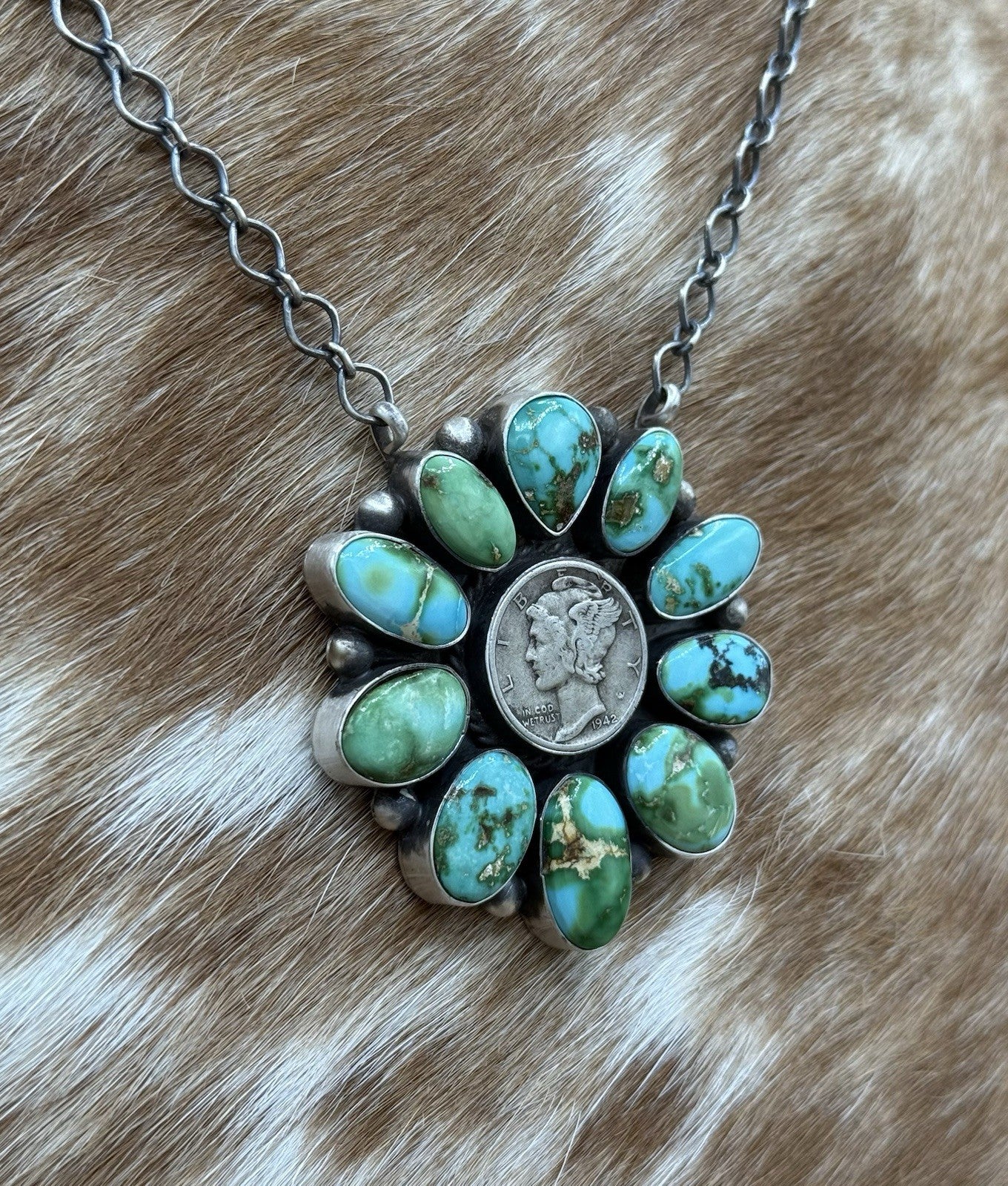 Navajo Handmade Silver Sonoran Gold Turquoise Liberty Coin Cluster Necklace 18”
