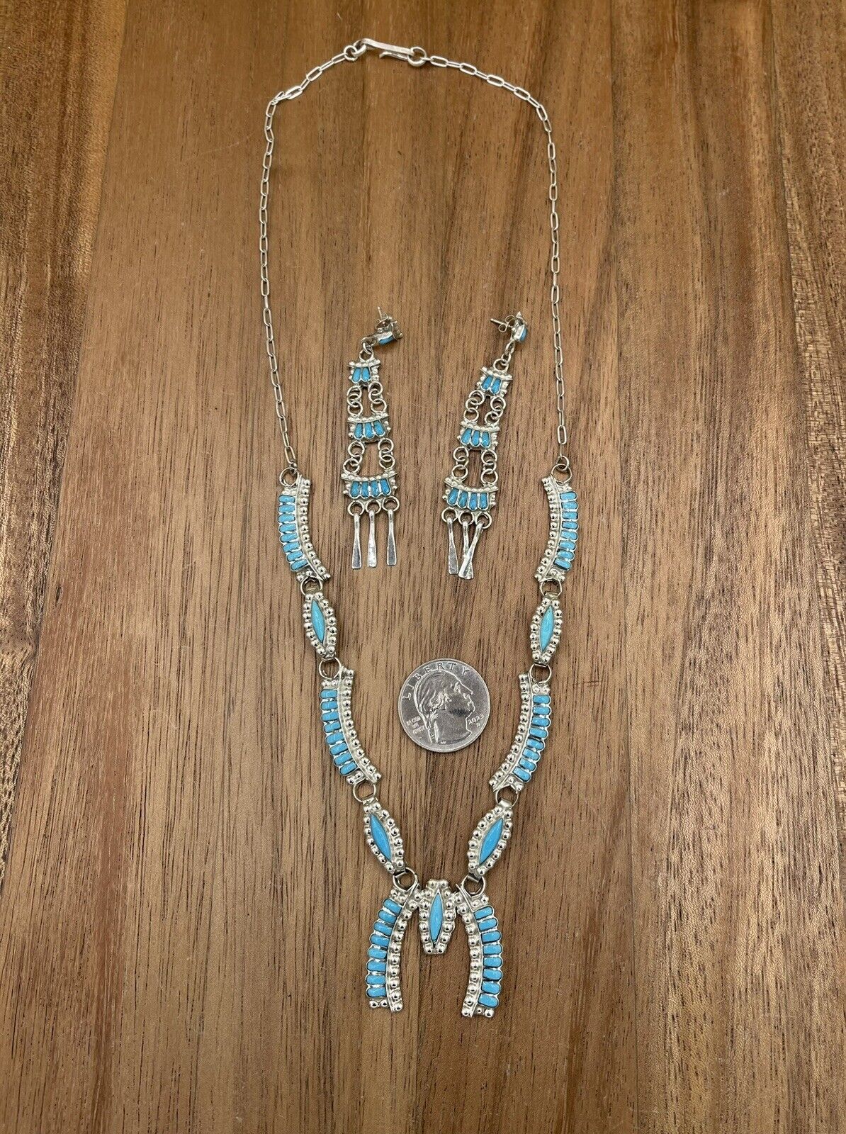 Native American Zuni handmade Silver Turquoise Inlay Squash Blossom Necklace 22”