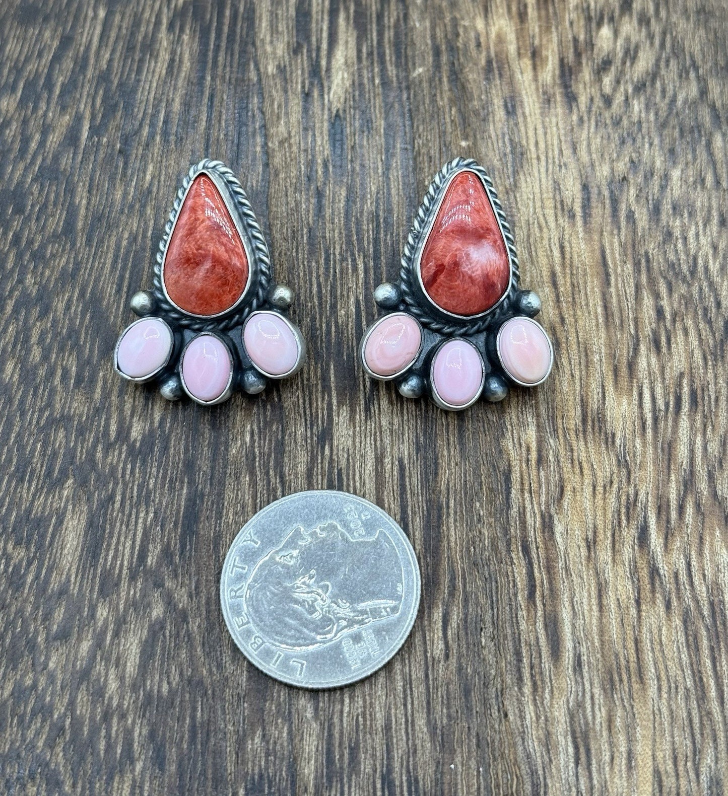 Navajo Handmade Sterling Silver Multi Color Spiny Pink Shell Cluster Earrings