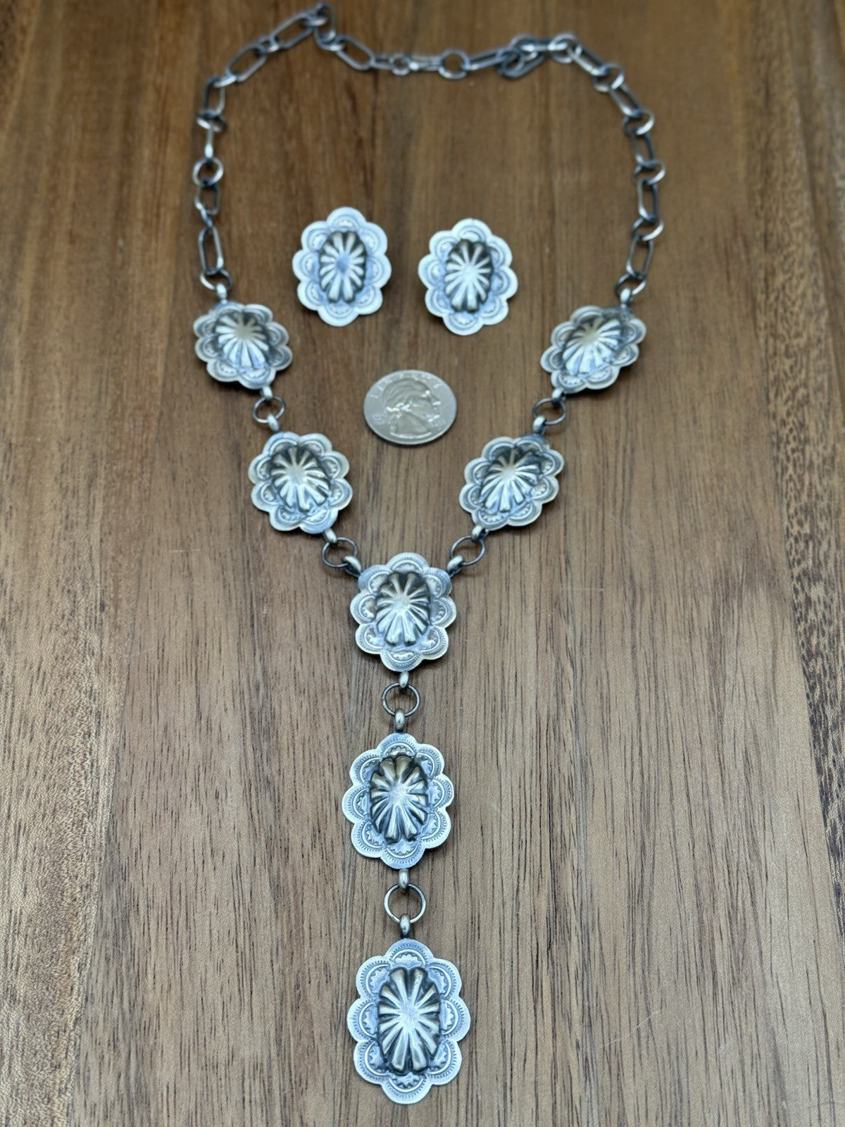 Navajo Handmade Sterling Silver Stamped Concho Old Look Lariat Necklace Set 24”