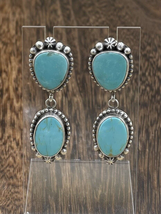 Native American Sterling Silver Navajo Handmade Turquoise Post Dangle Earrings