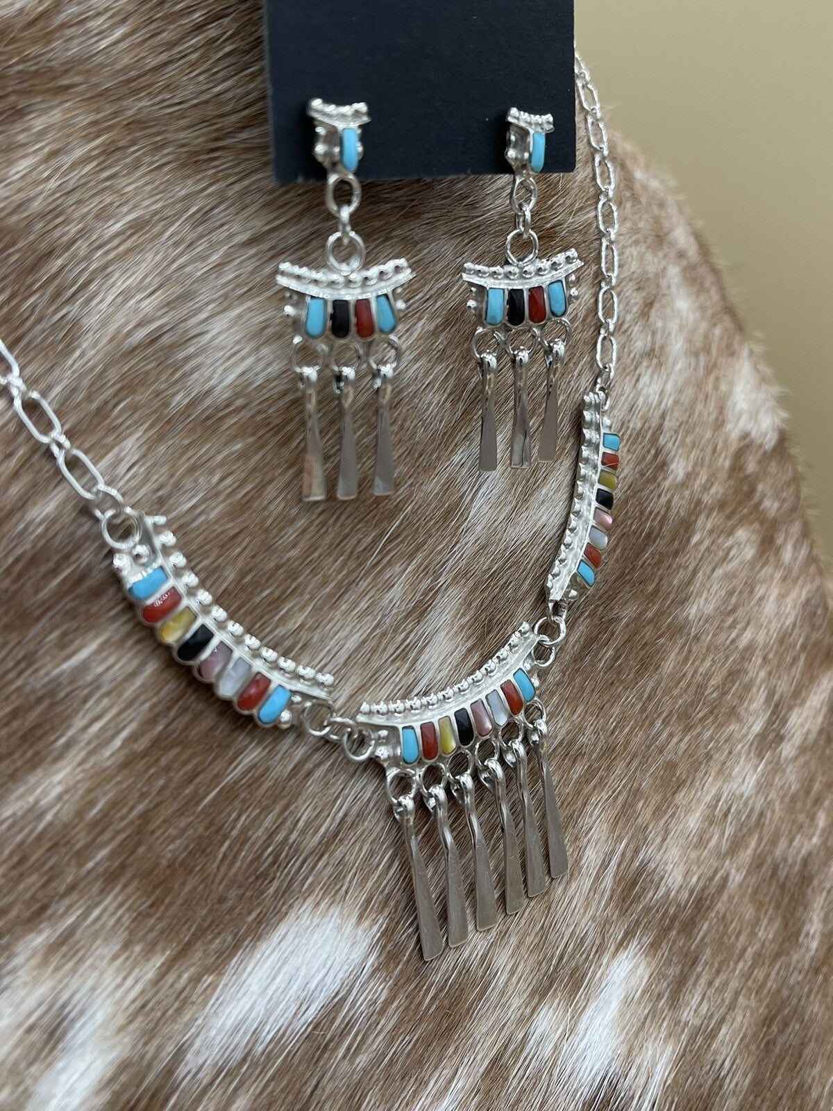Native American Zuni handmade Sterling Silver Multi Stone Inlay Dangle Necklace