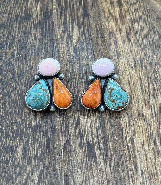 Navajo Handmade Sterling Silver Multi Color Turquoise Spiny Cluster Earrings