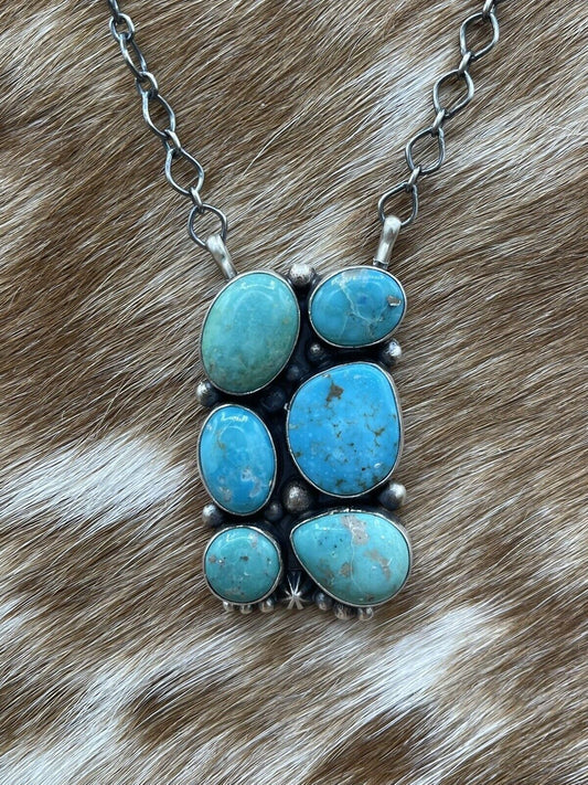 Native American Navajo Handmade Silver Turquoise Cluster Bar Necklace 18 Inch