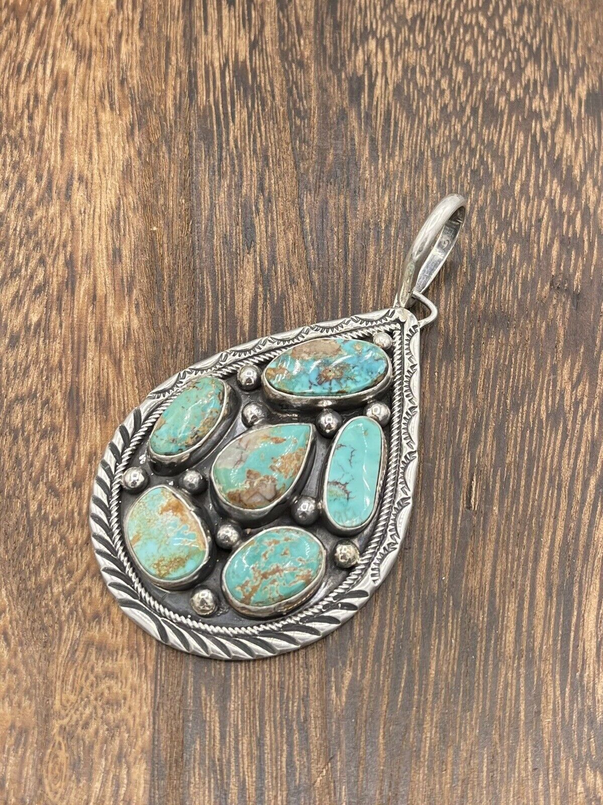 Native American Navajo Handmade Silver Natural  Turquoise Cluster Pendant