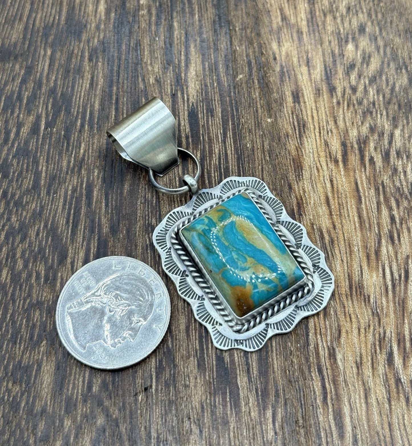 Navajo Handmade Sterling Silver Royston Turquoise Stamped Design Drop Pendant