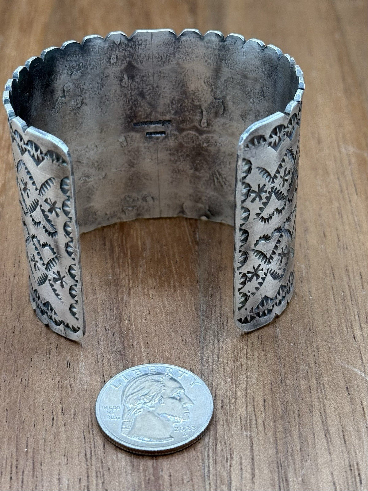 Navajo Handmade Sterling Silver Golden Hills Turquoise Stamped Cuff Bracelet