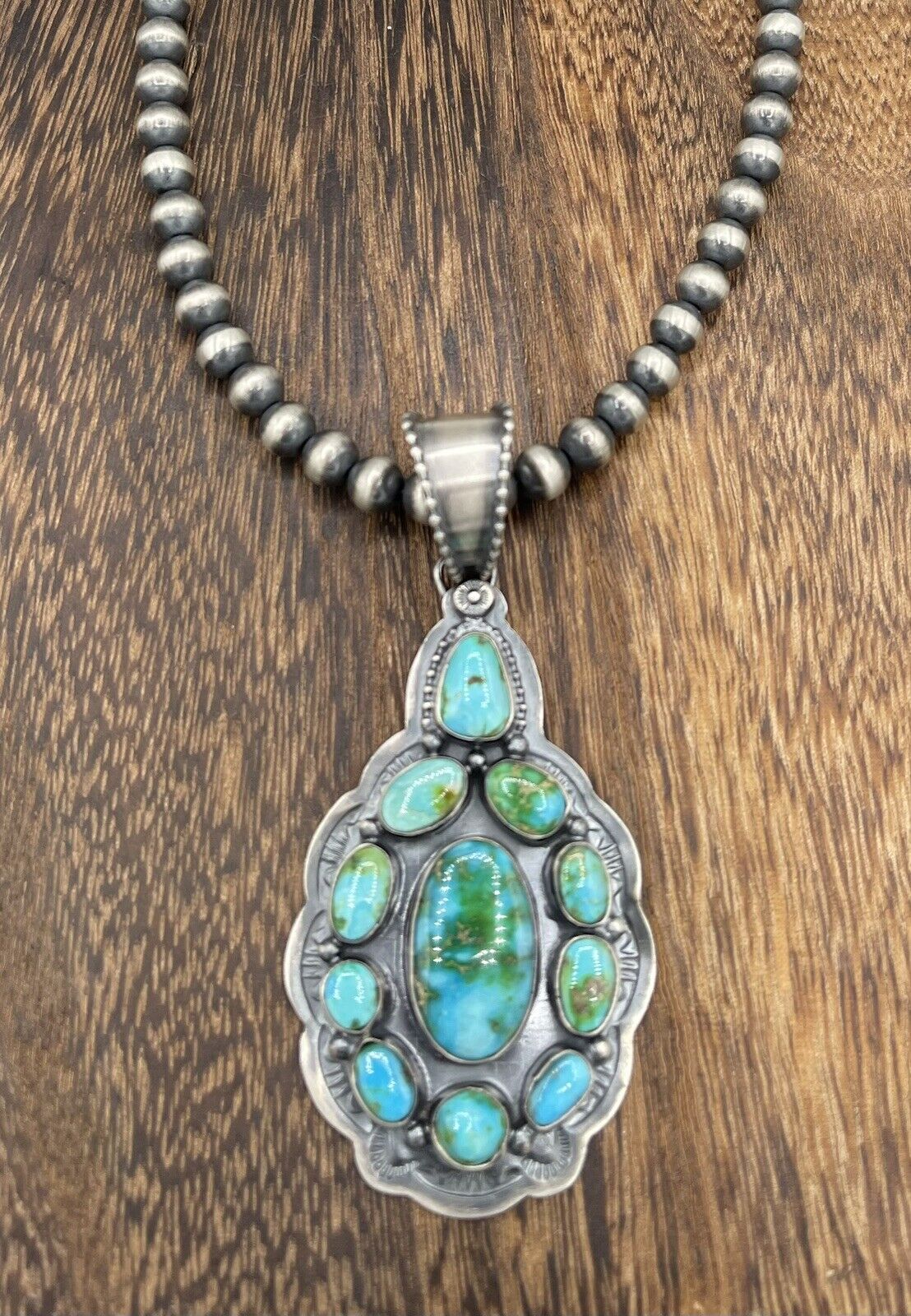 Native American Sterling Silver Navajo Handmade Turquoise Necklace With Pendant