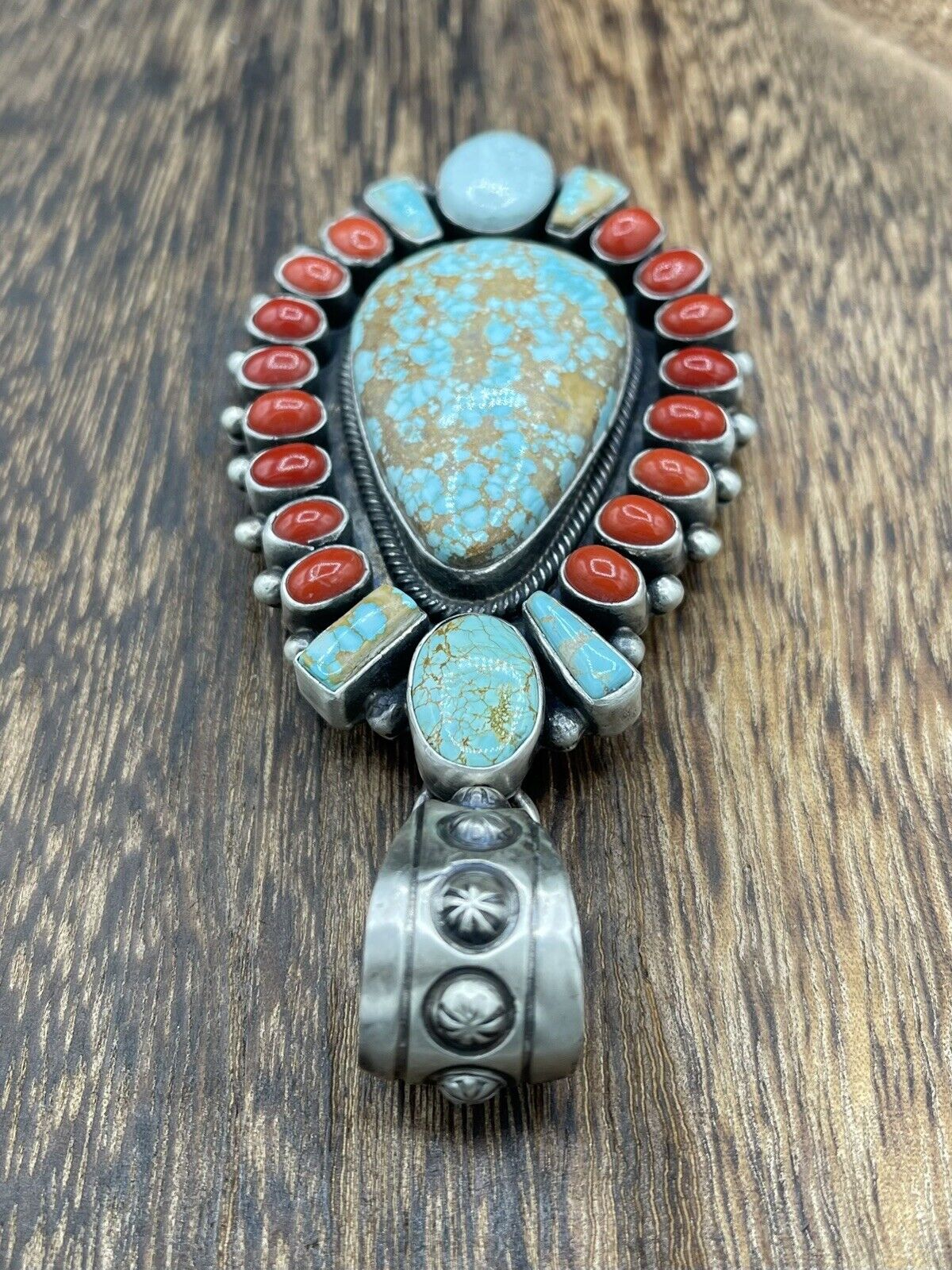 Native American Indian Navajo Handmade Silver Turquoise & Coral Cluster Pendant