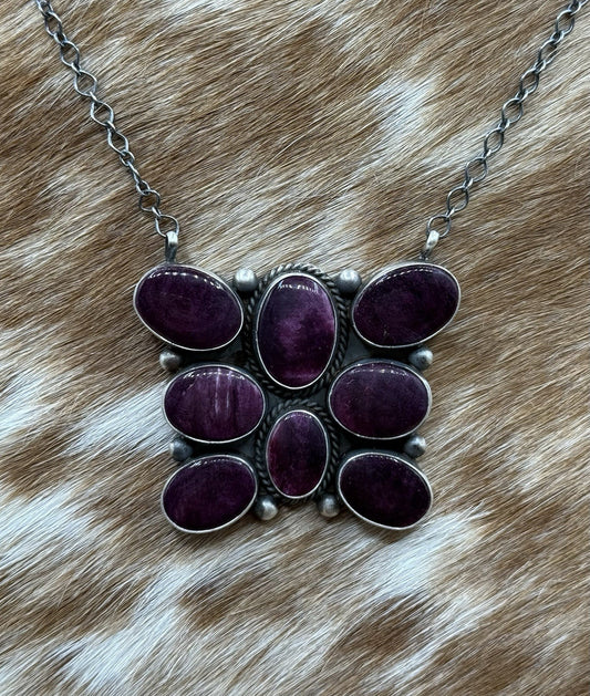 Navajo Handmade Sterling Silver Purple Spiny Oyster Cluster Bar Necklace 18”