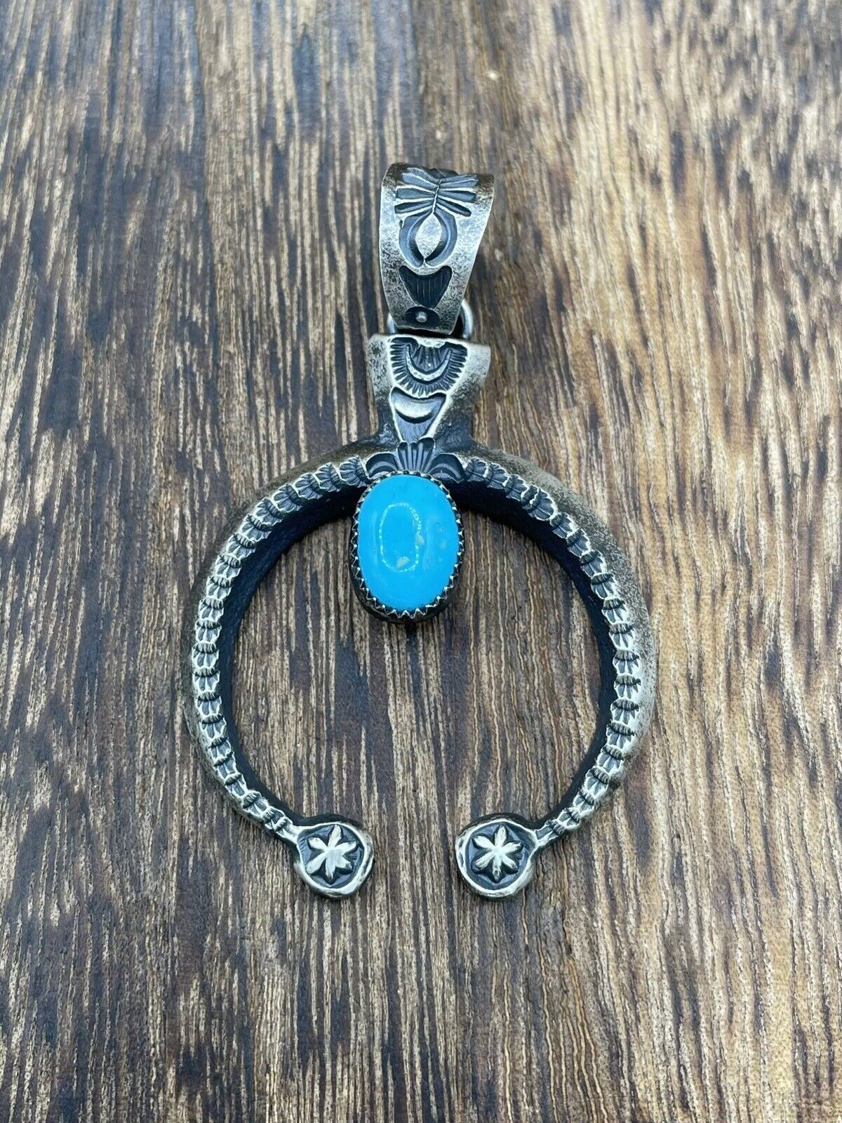 Native American Indian Navajo Handmade Silver Old Look Turquoise Naja Pendant