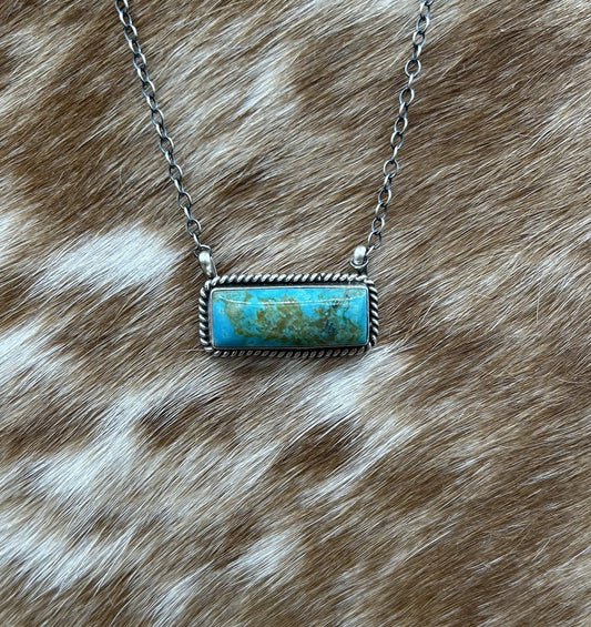 Navajo Handmade Sterling Silver Kingman Turquoise Bar Necklace 16”