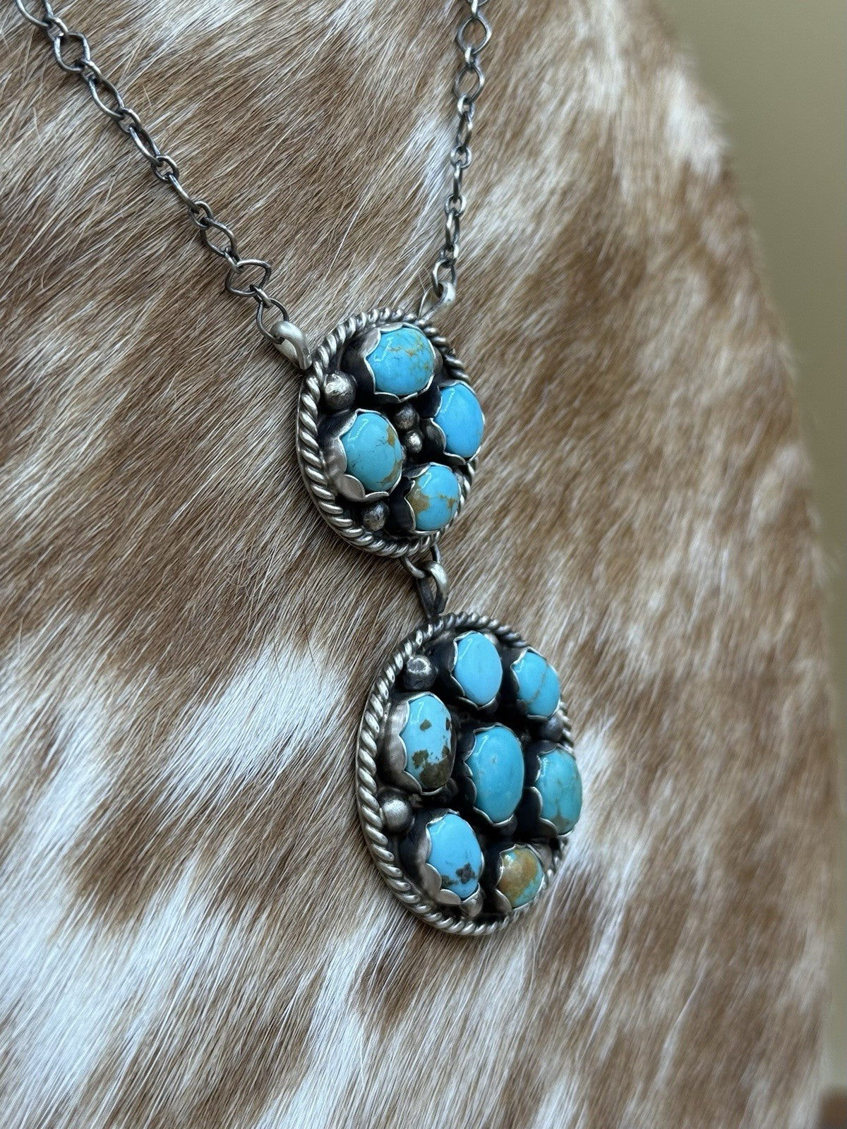 Navajo Handmade Sterling Silver Kingman Turquoise Cluster Bar Necklace 18”