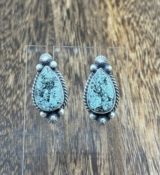 Navajo Handmade Sterling Silver Blackjack Turquoise Old Look Post Stud Earrings