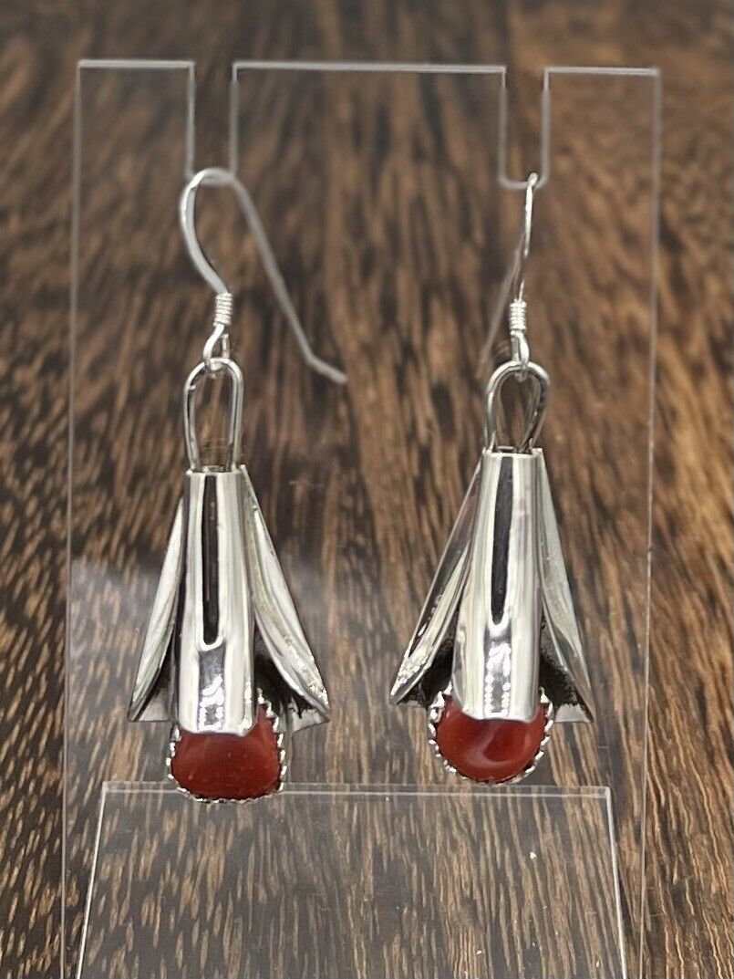 Native American Silver Navajo Handmade Red Coral Dangle Blossom Earrings