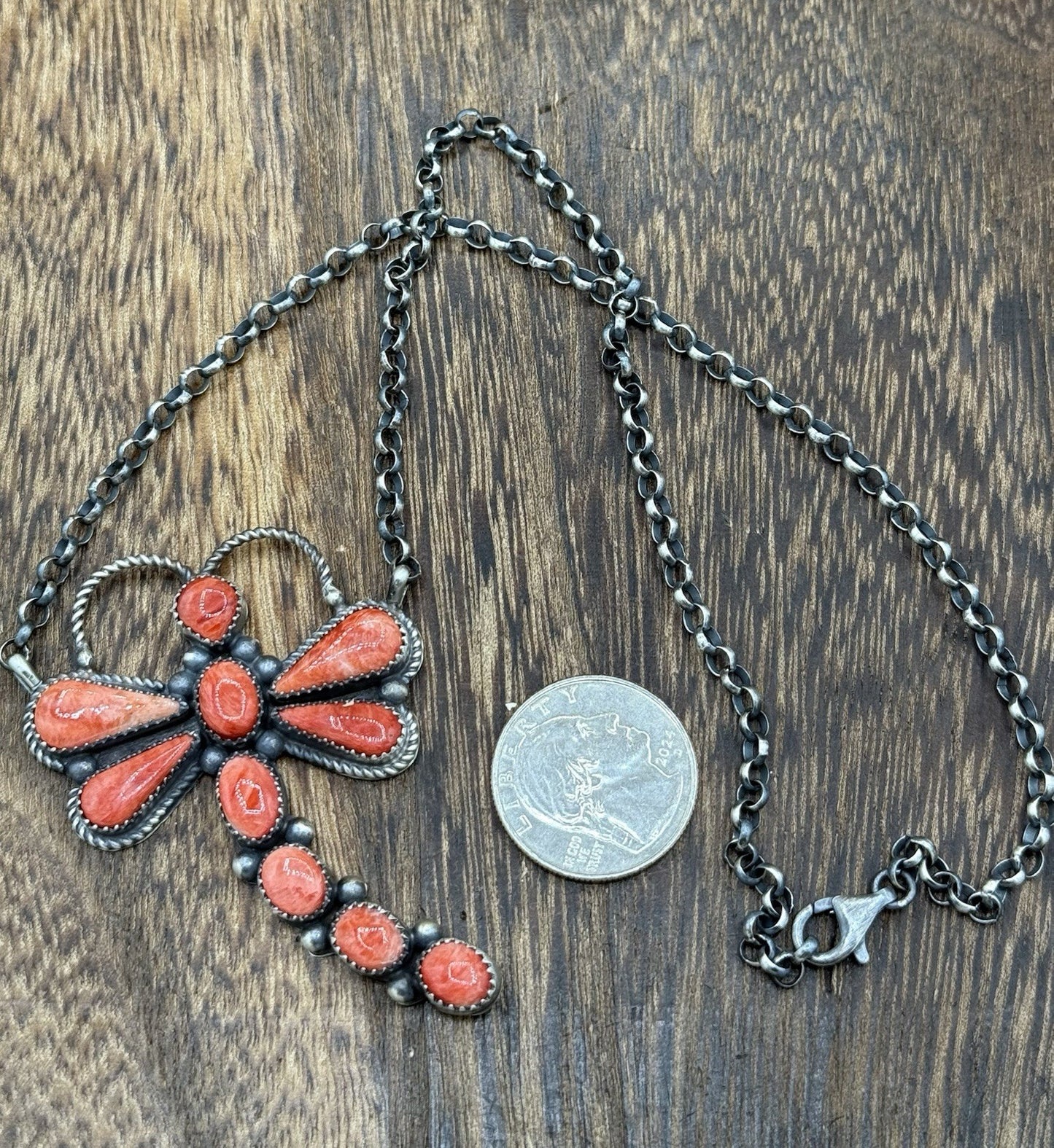 Navajo Handmade Sterling Silver Red Spiny Oyster Dragonfly Bar Necklace 18”