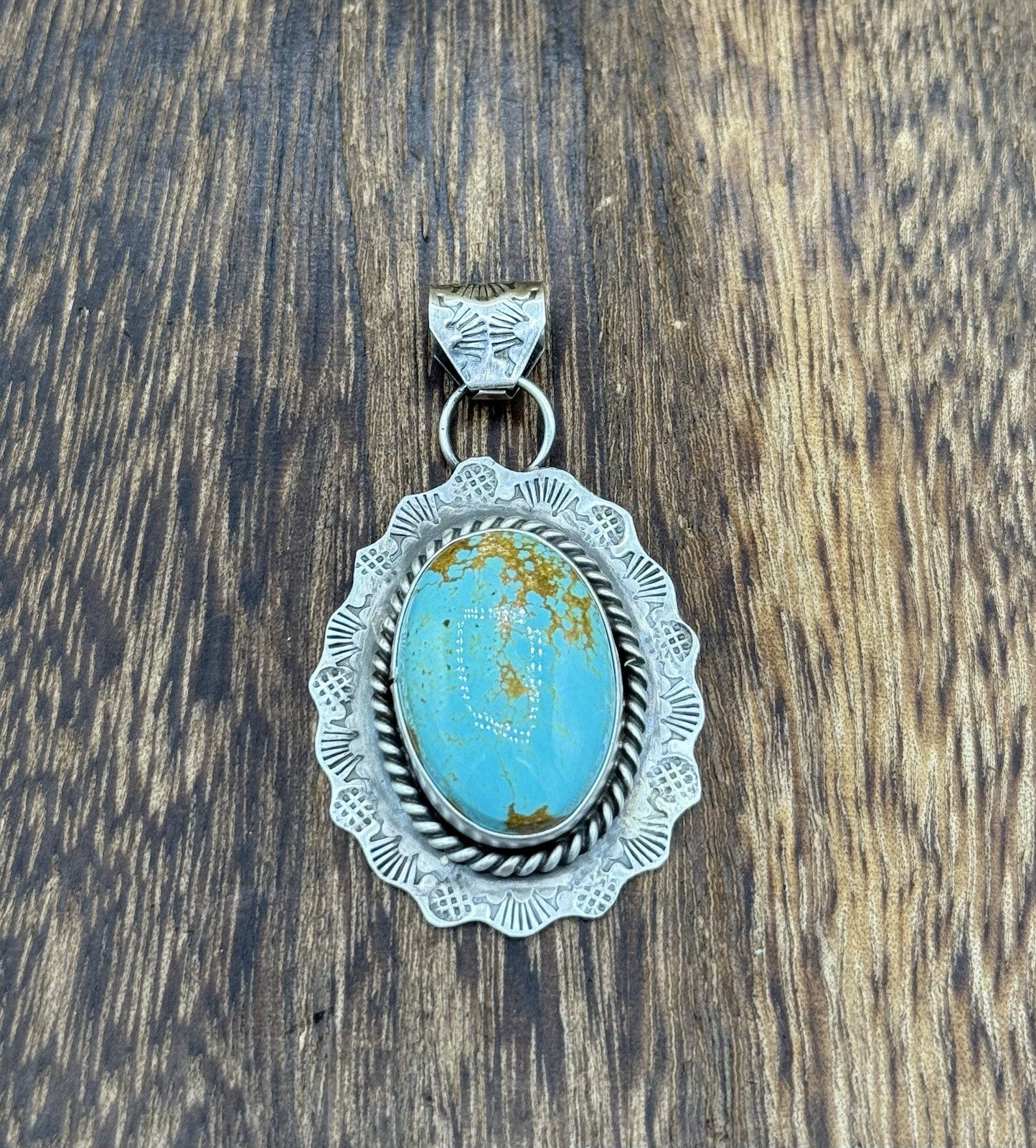 Navajo Handmade Sterling Silver Blue Glacier Turquoise Stamped Drop Pendant