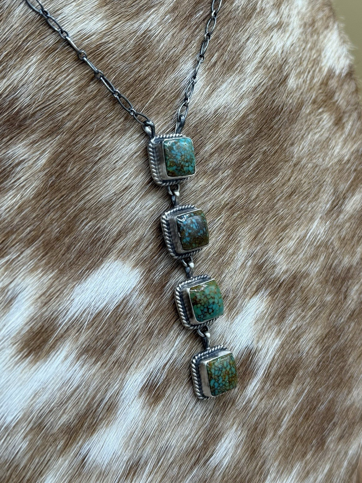 Native Navajo Handmade Sterling Silver Kingman Turquoise Lariat Necklace 18”