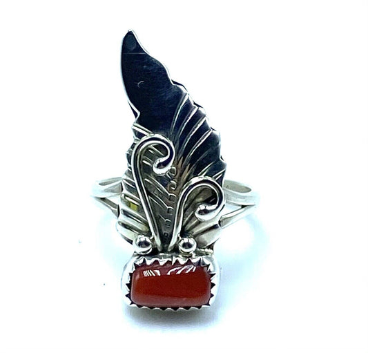 Native American Sterling Silver Navajo Handmade Red Coral Feather Ring Size 5.5