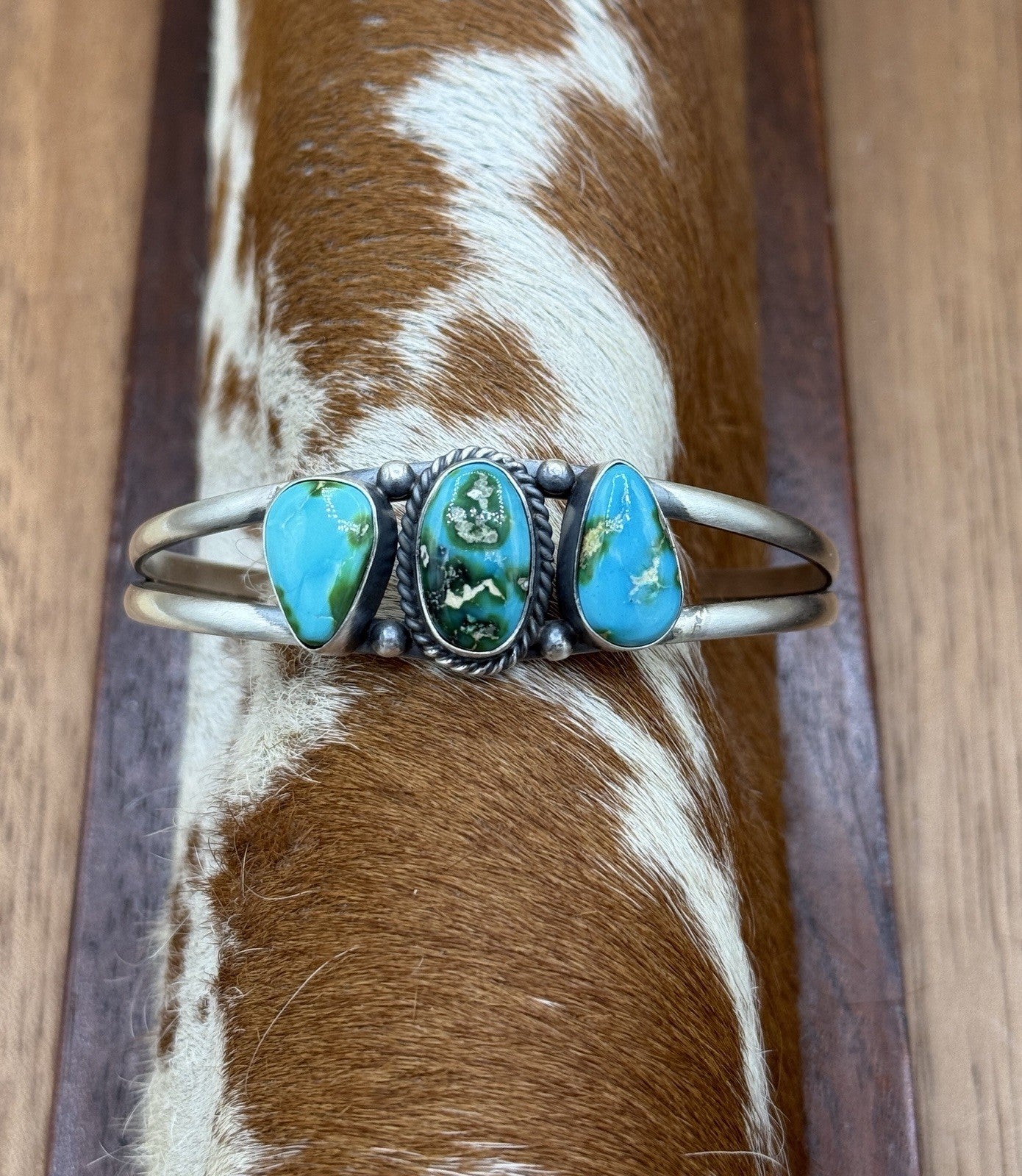 Navajo Handmade Sterling Silver Sonoran Gold Turquoise Cluster Cuff Bracelet