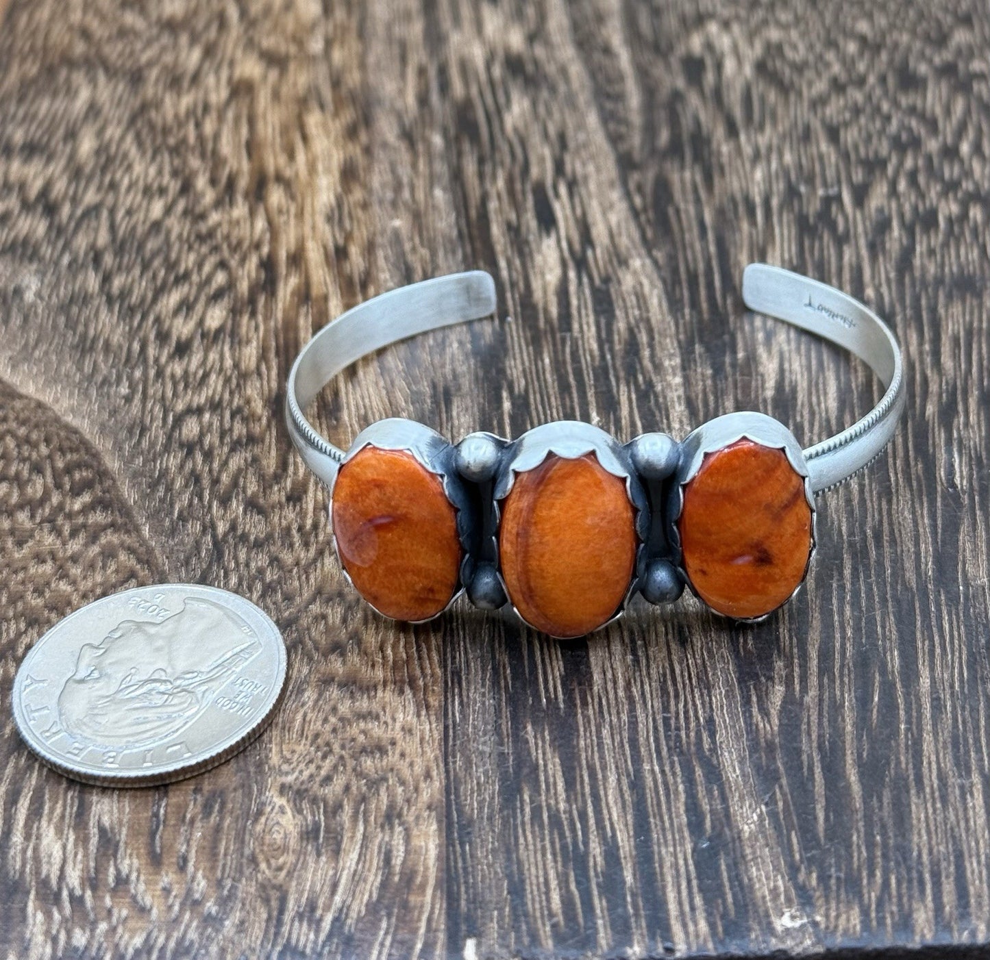 Navajo Handmade Sterling Silver Orange Spiny Oyster Shell Stacker Cuff Bracelet