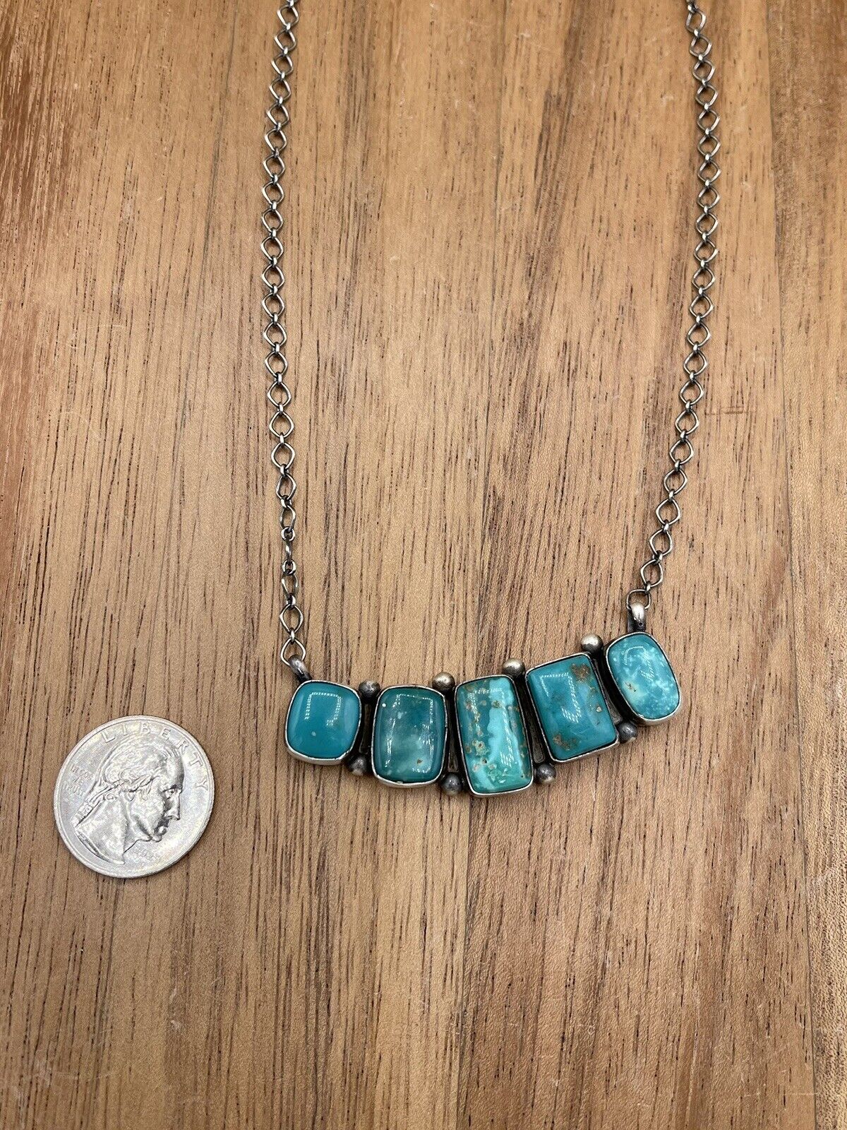 Native American Navajo Handmade Silver Sonoran Bella Turquoise Bar Necklace 18”