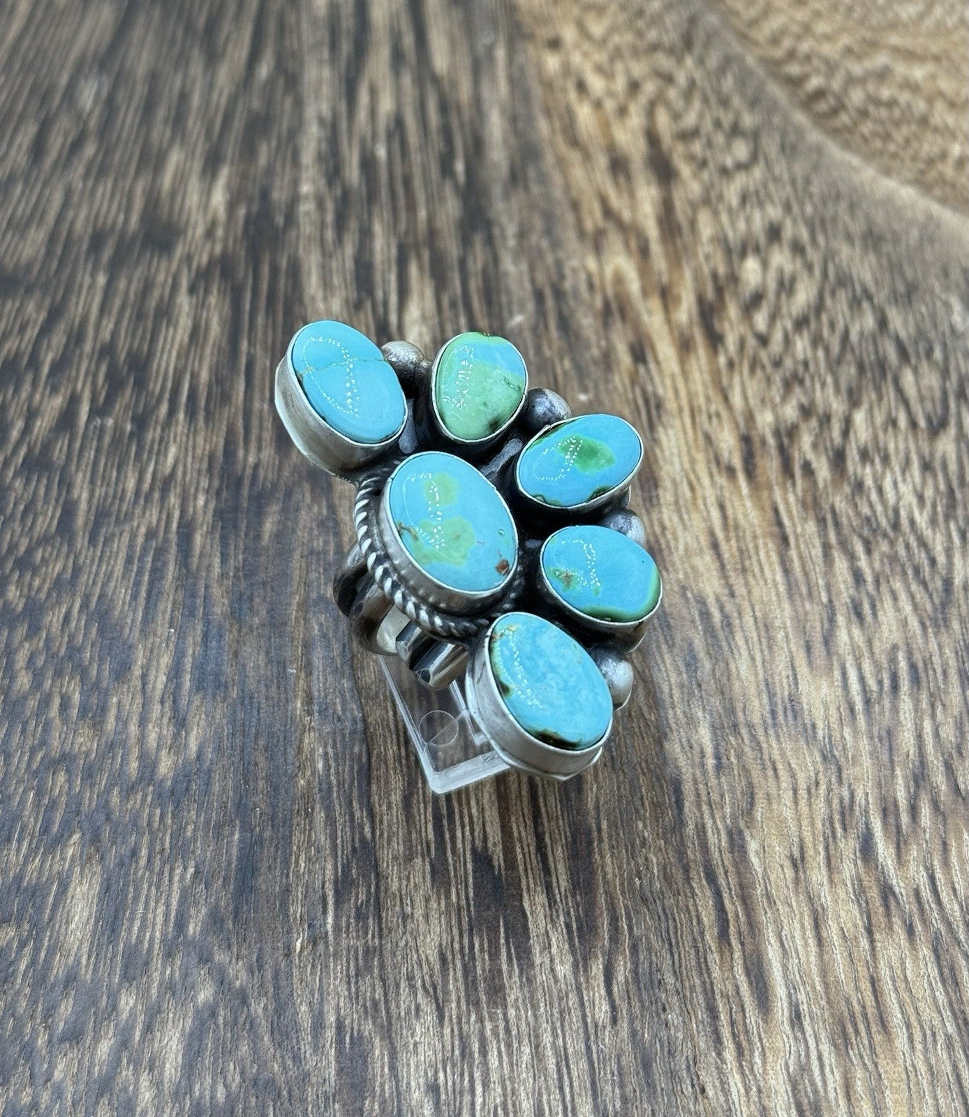 Navajo Handmade Sterling Silver Sonoran Gold Turquoise Half Cluster Ring Size 8